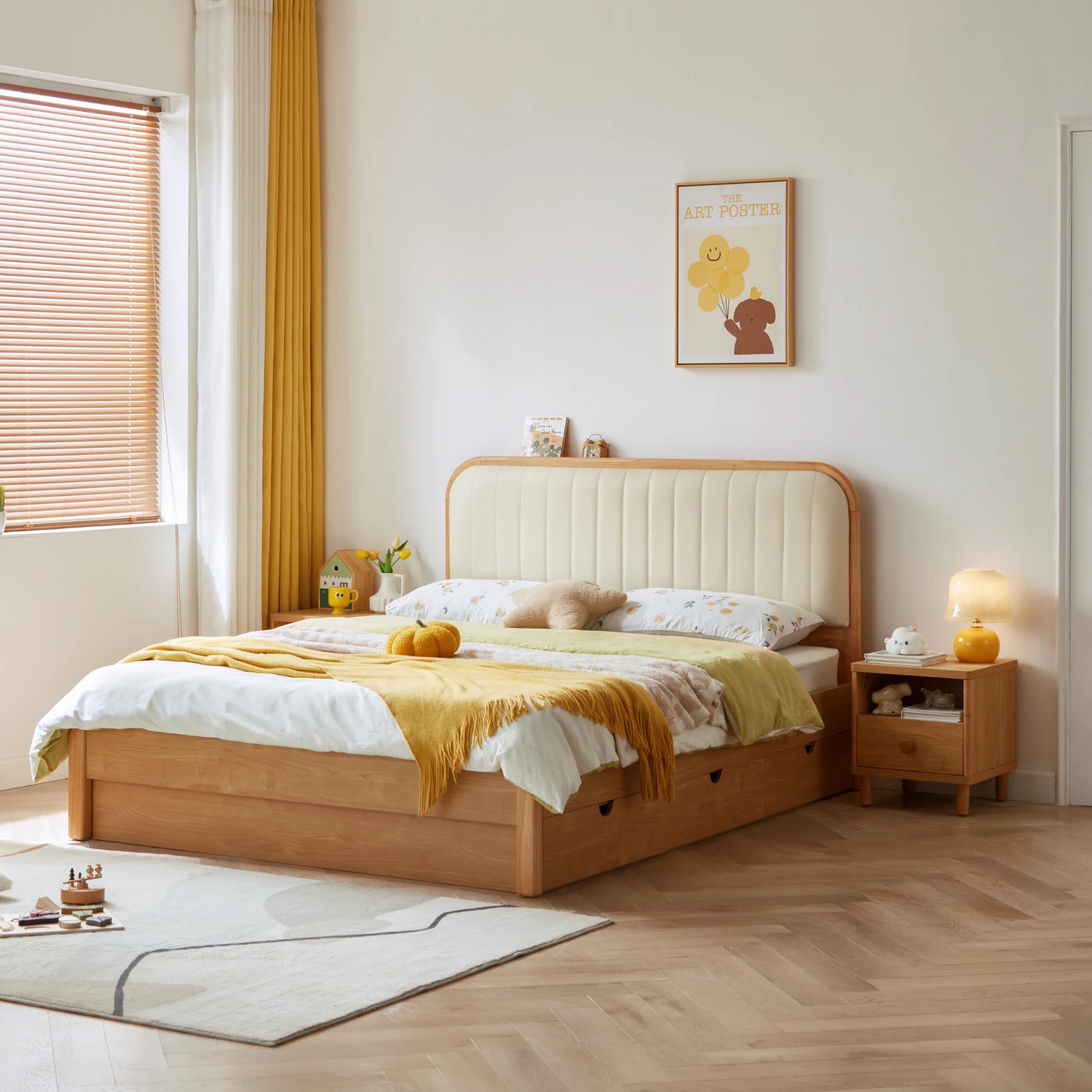 Linspire Sunny Kids Bed Frame with Underbed Drawers, 129x215x107cm, Natural Wood