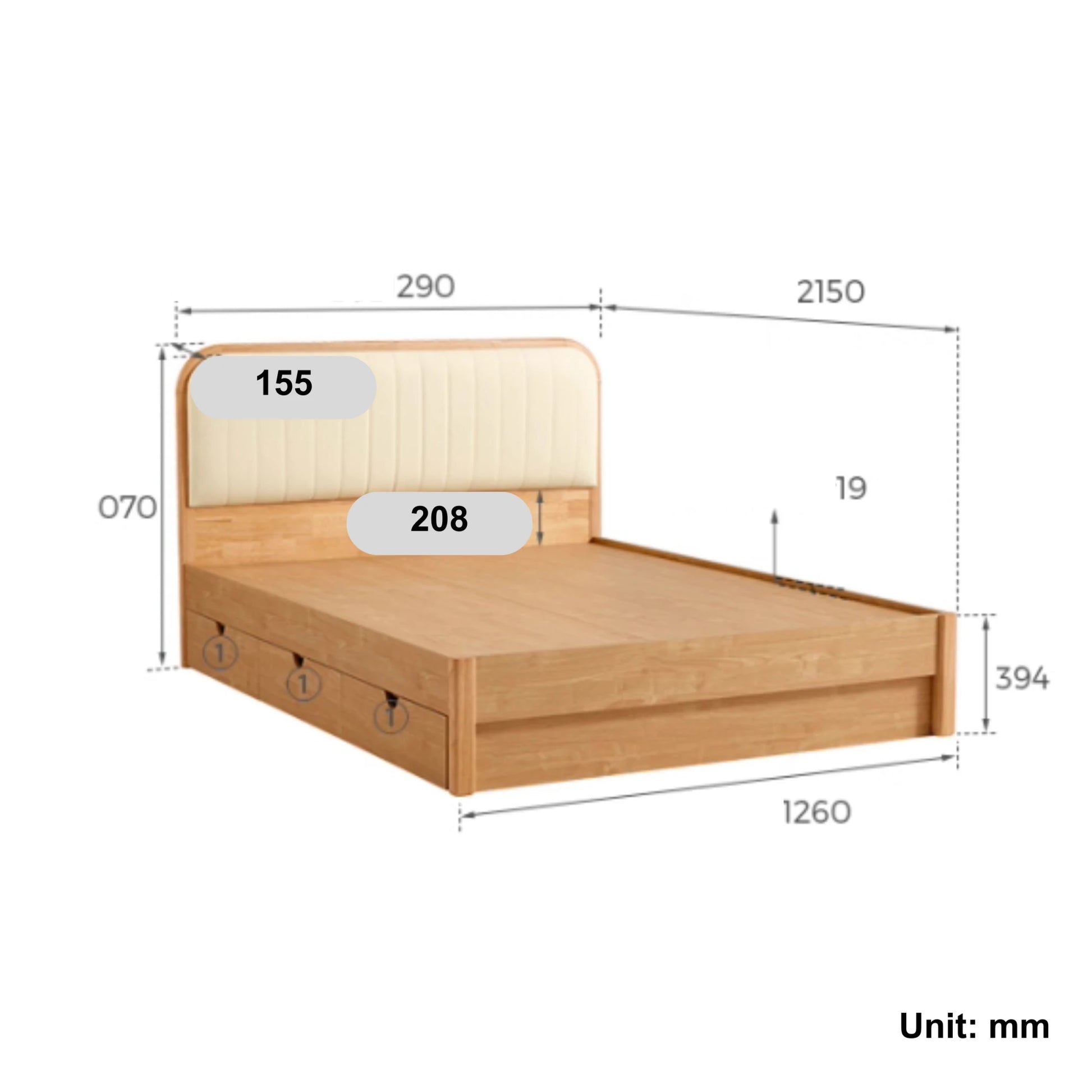 Linspire Sunny Kids Bed Frame with Underbed Drawers, 129x215x107cm, Natural Wood