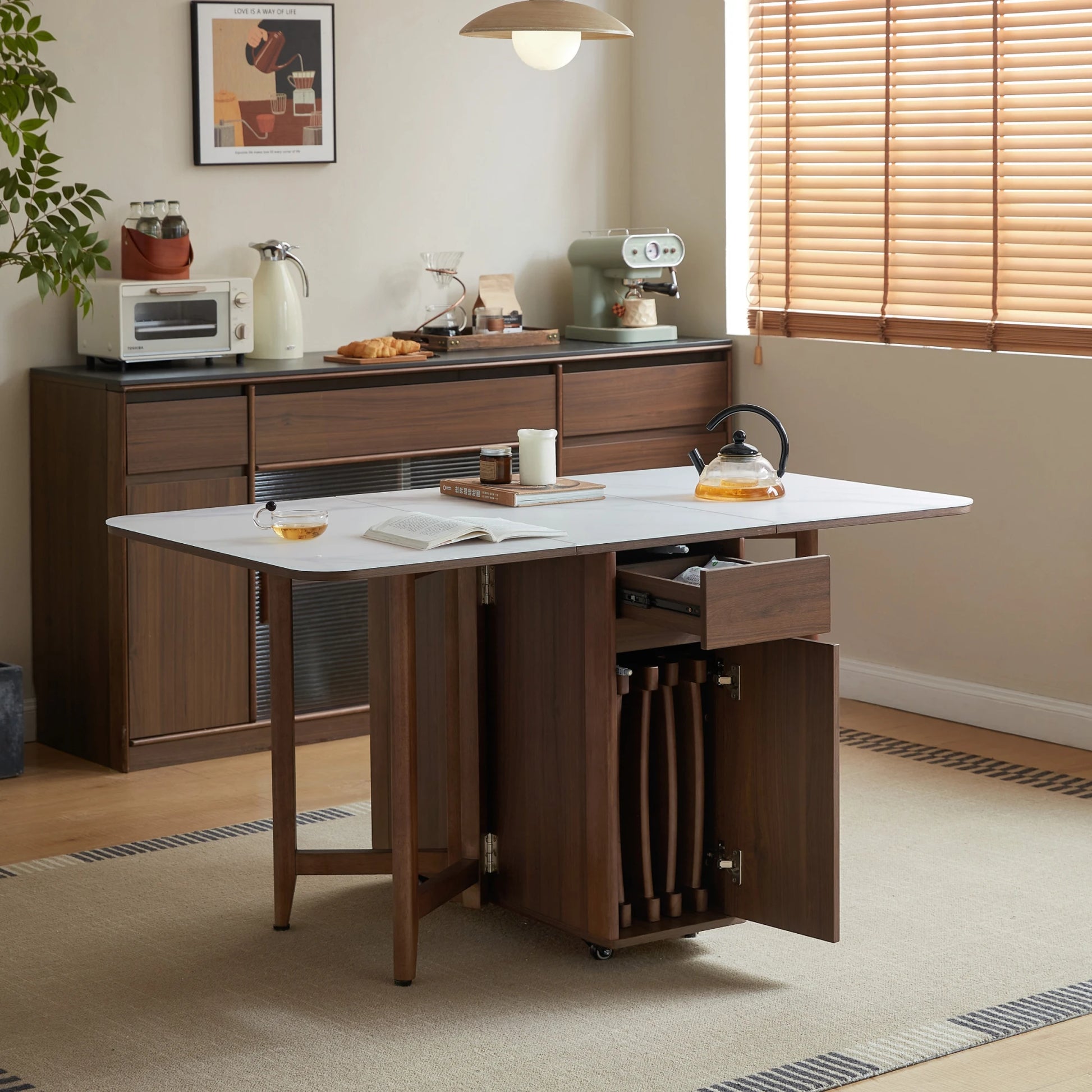 Linspire Ursula Folding Glass-Top Dining Table on Casters with Storage