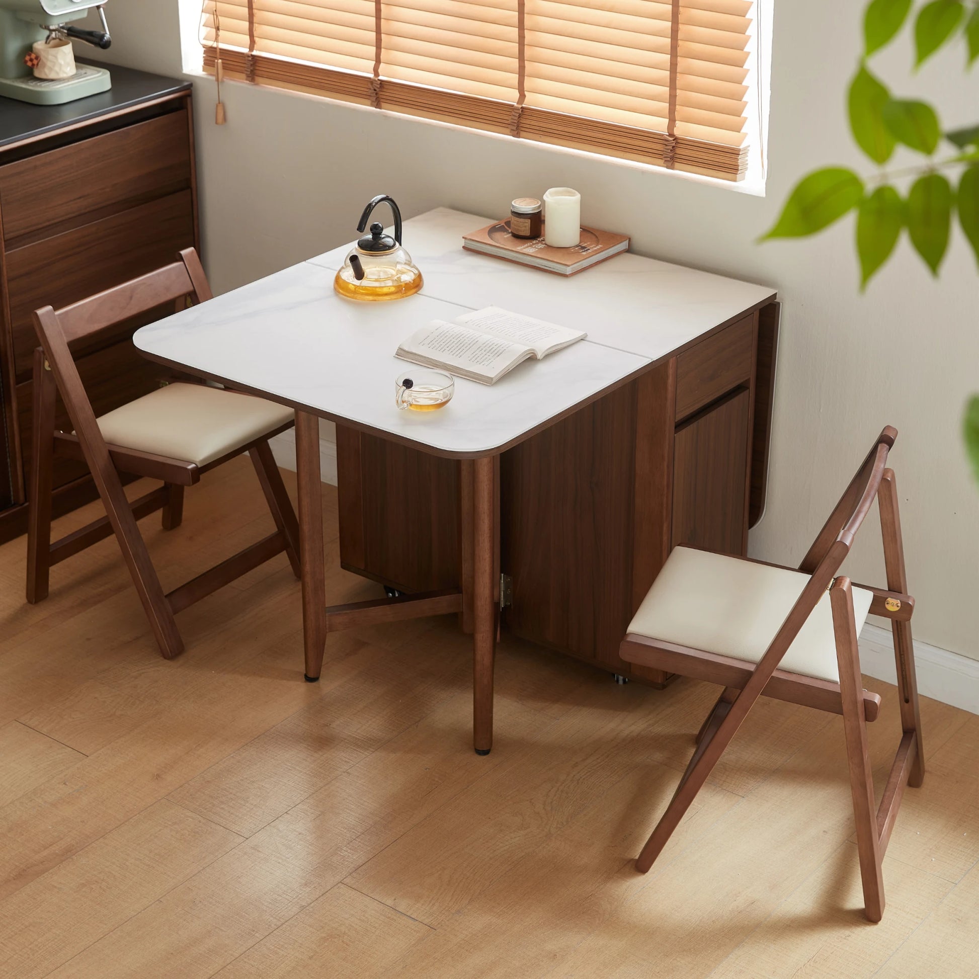 Linspire Ursula Folding Glass-Top Dining Table on Casters with Storage