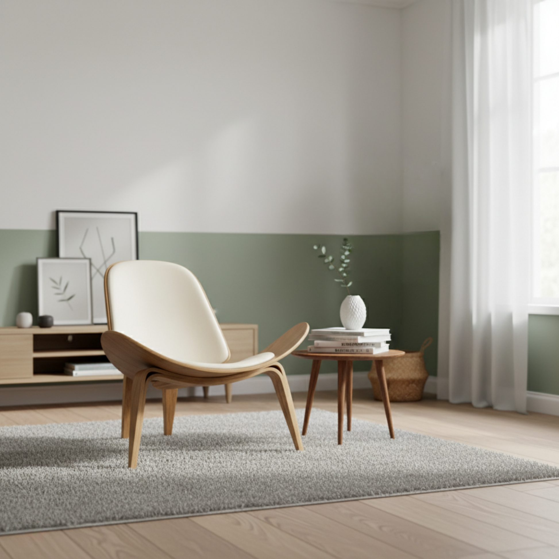 MODE Hans Wegner Shell Chair CH07 Replica, Ivory & Natural Wood