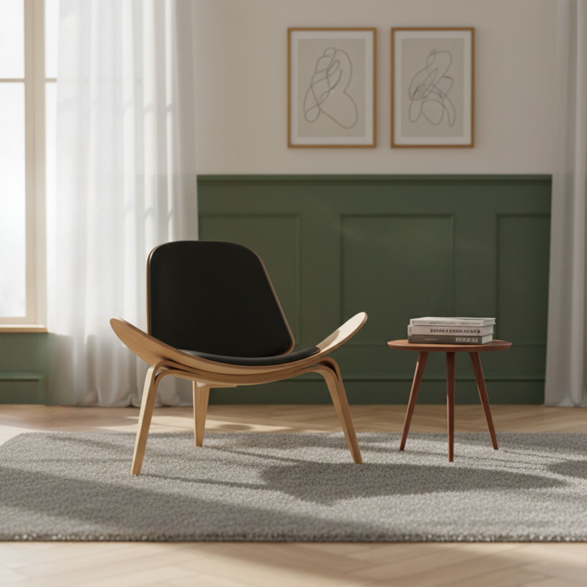 MODE Hans Wegner Shell Chair CH07 Replica, Black & Natural Wood