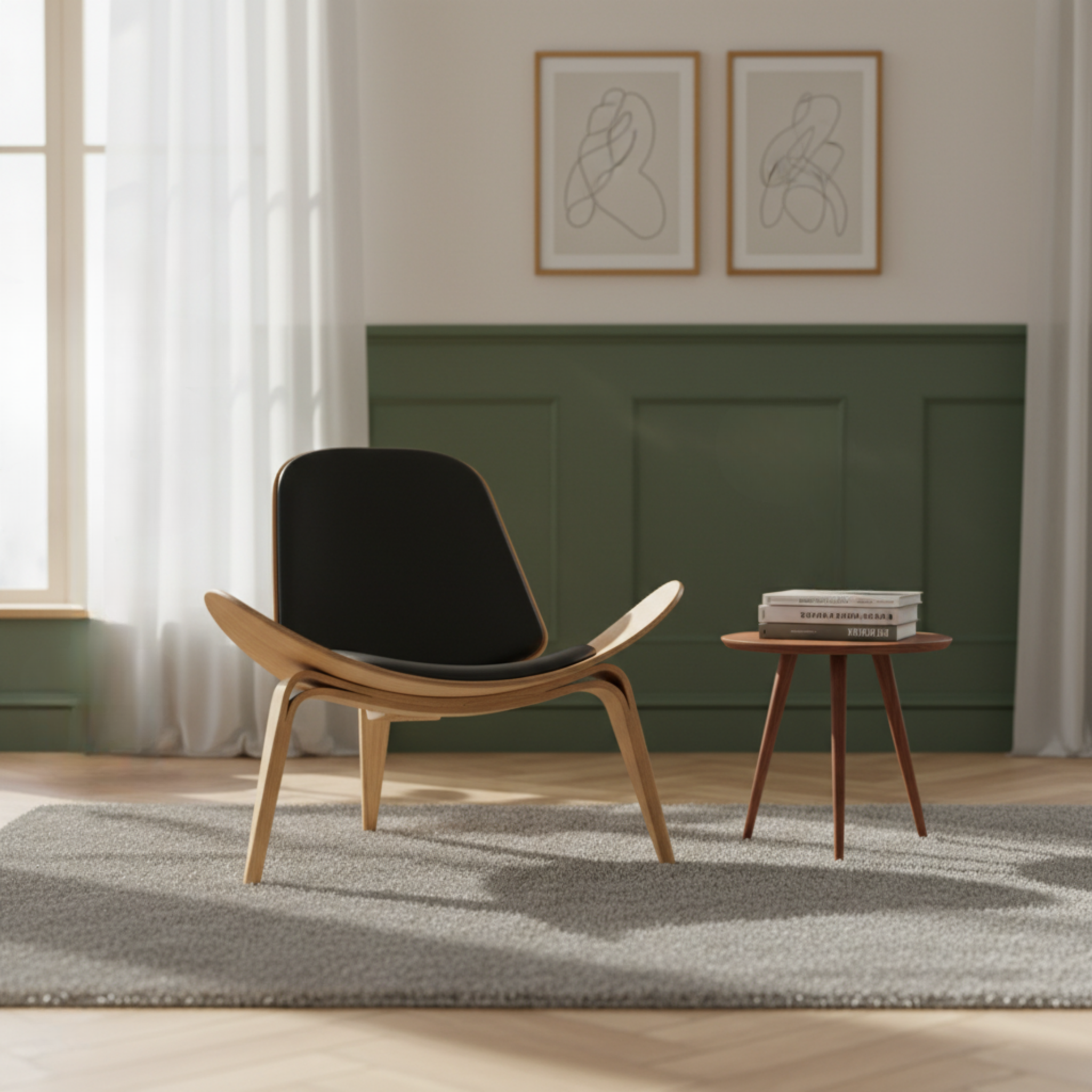 MODE Hans Wegner Shell Chair CH07 Replica, Black & Natural Wood