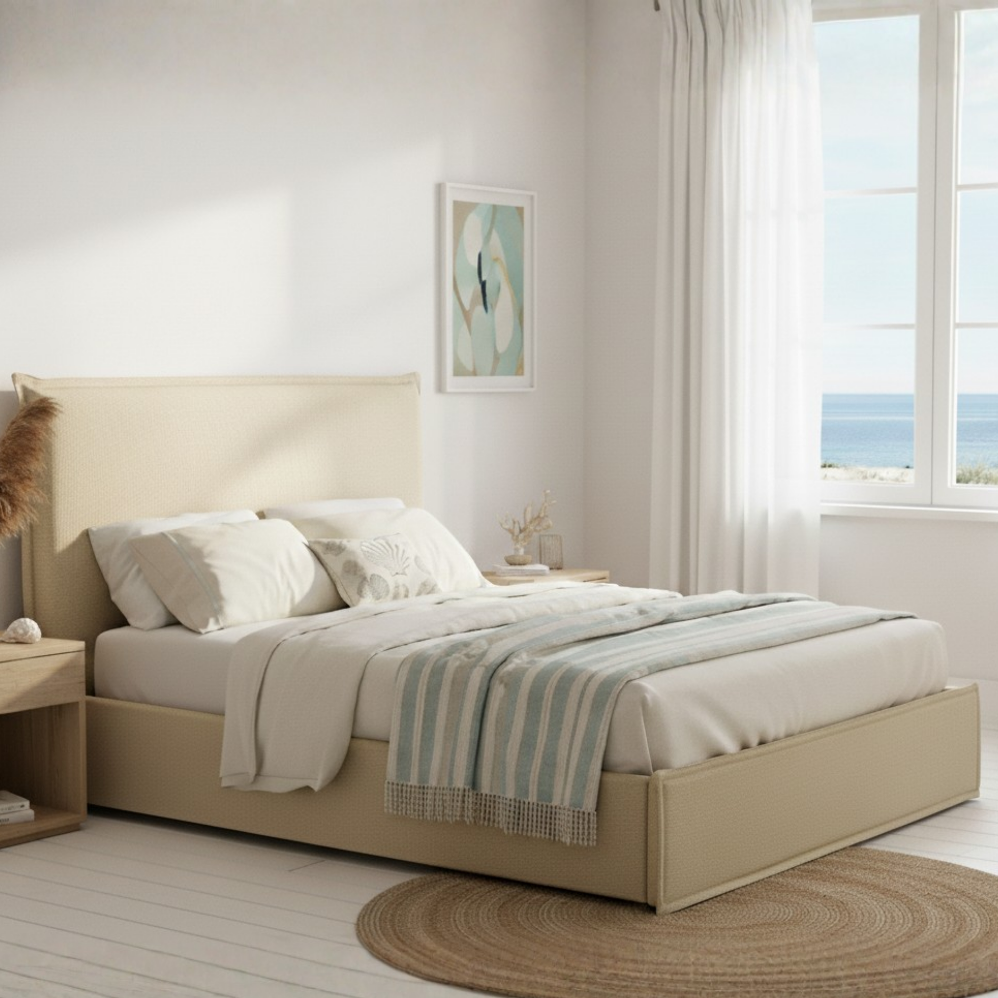 MODE Lina Fabric Gas Lift Bed Frame with Storage, Beige