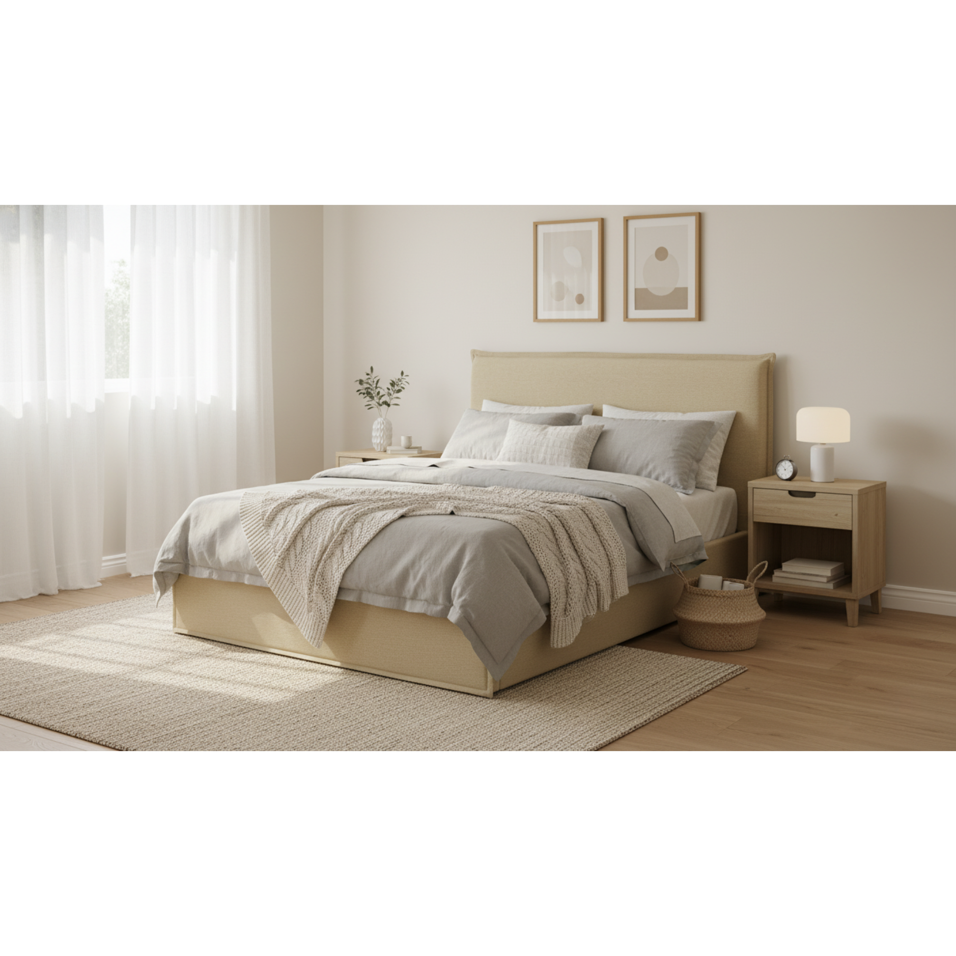 MODE Lina Fabric Gas Lift Bed Frame with Storage, Beige