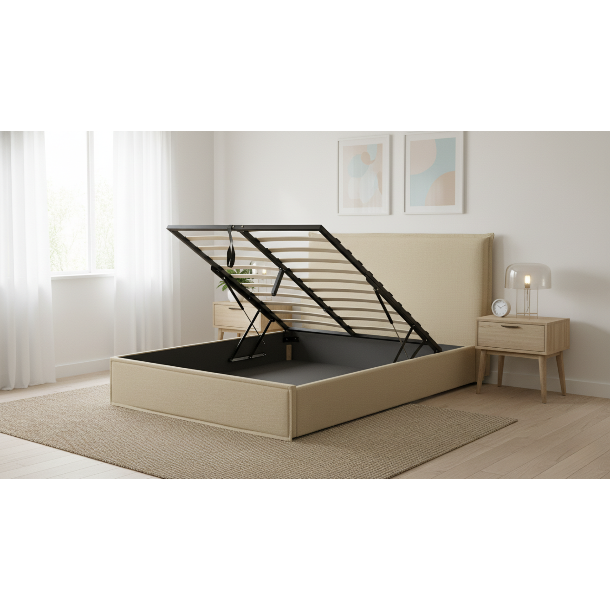 MODE Lina Fabric Gas Lift Bed Frame with Storage, Beige