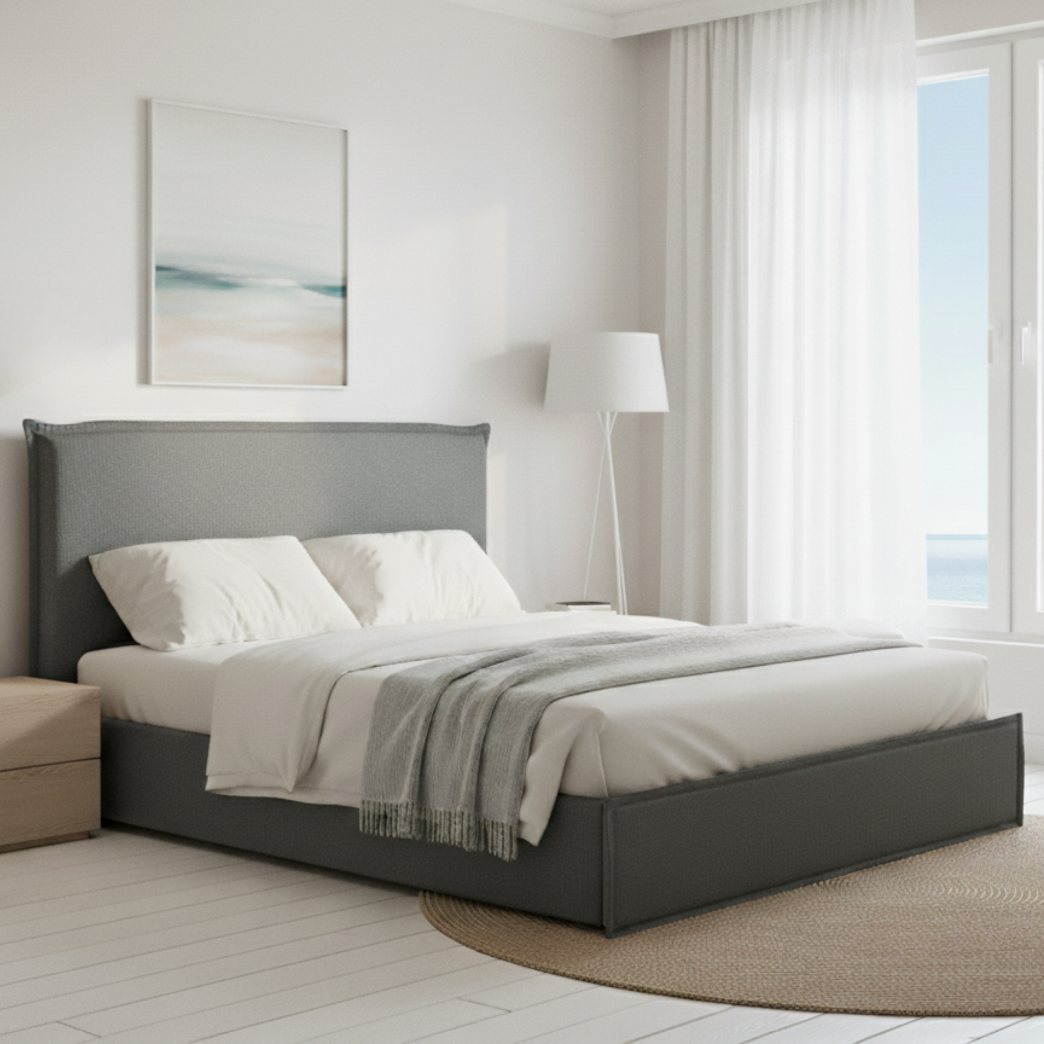 MODE Lina Fabric Gas Lift NZ Queen Bed Frame with Storage, Grey