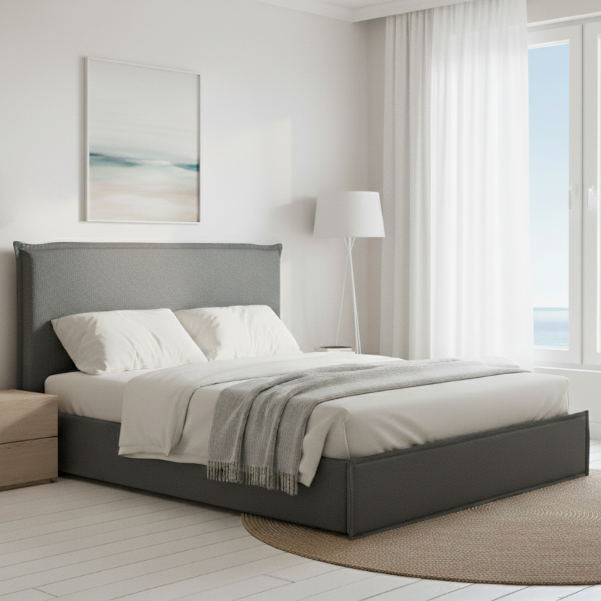MODE Lina Fabric Gas Lift NZ Queen Bed Frame with Storage, Grey