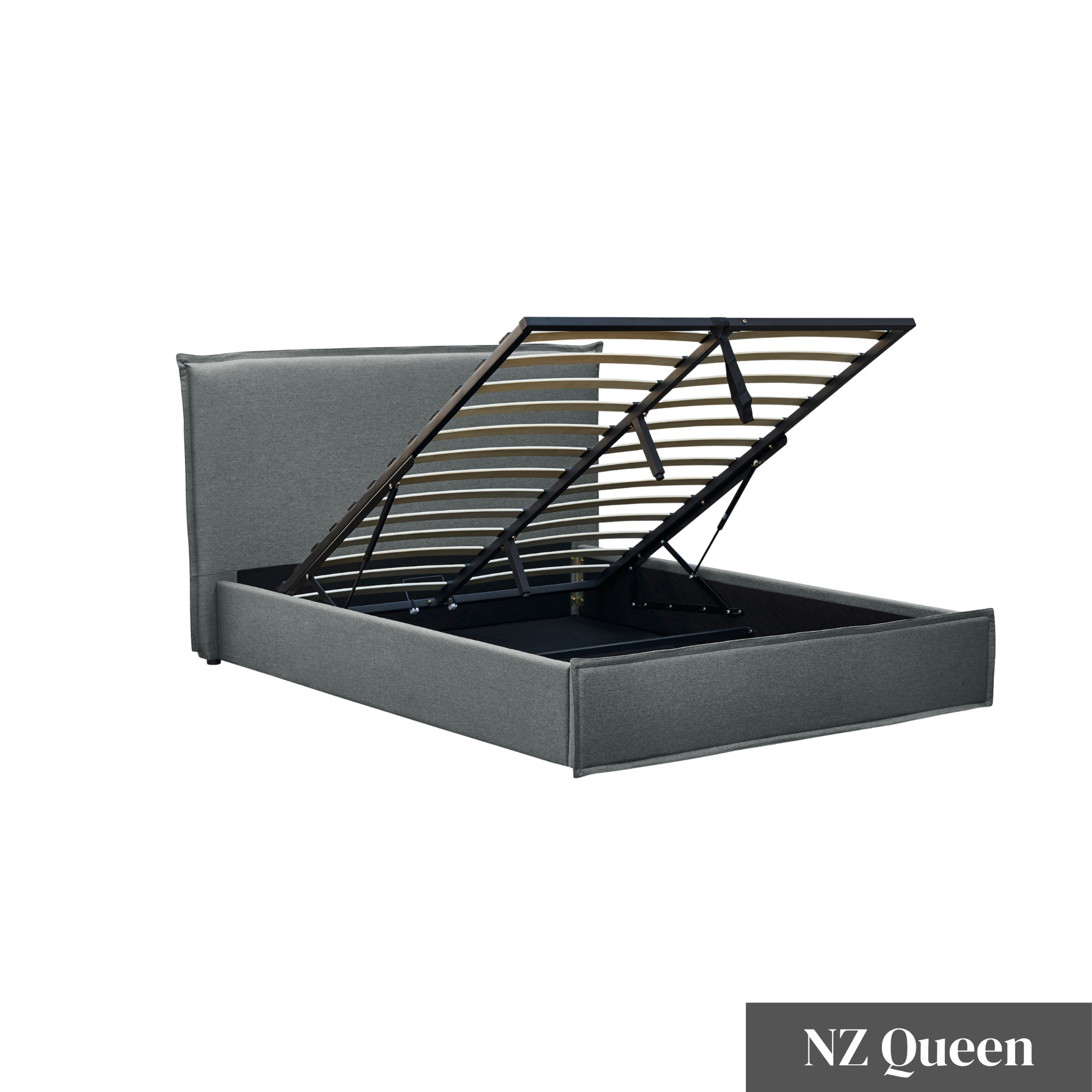 MODE Lina Fabric Gas Lift NZ Queen Bed Frame with Storage, Grey