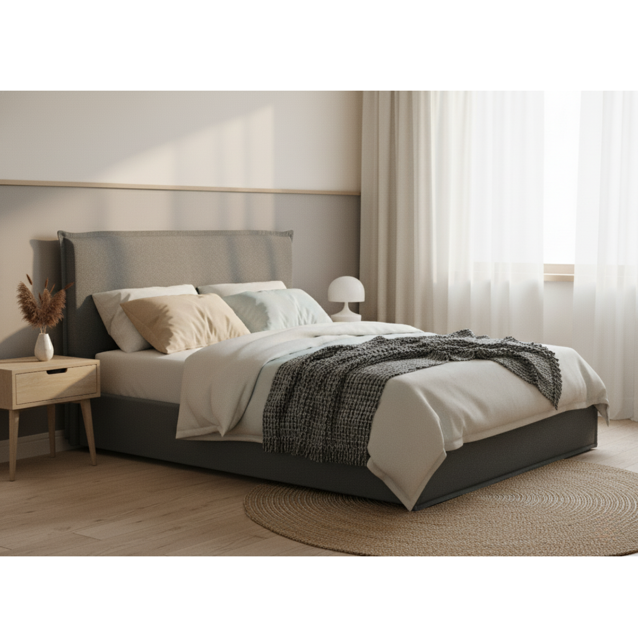 MODE Lina Fabric Gas Lift NZ Queen Bed Frame with Storage, Grey