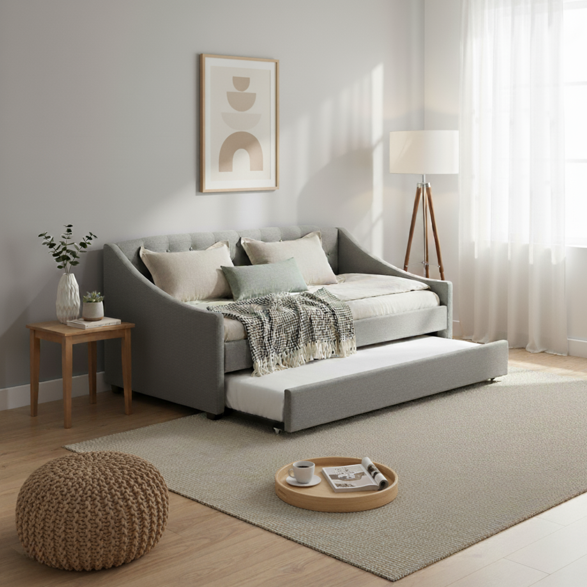 MODE Trina Fabric Trundle Daybed with 2 Mattress Set, NZ Single