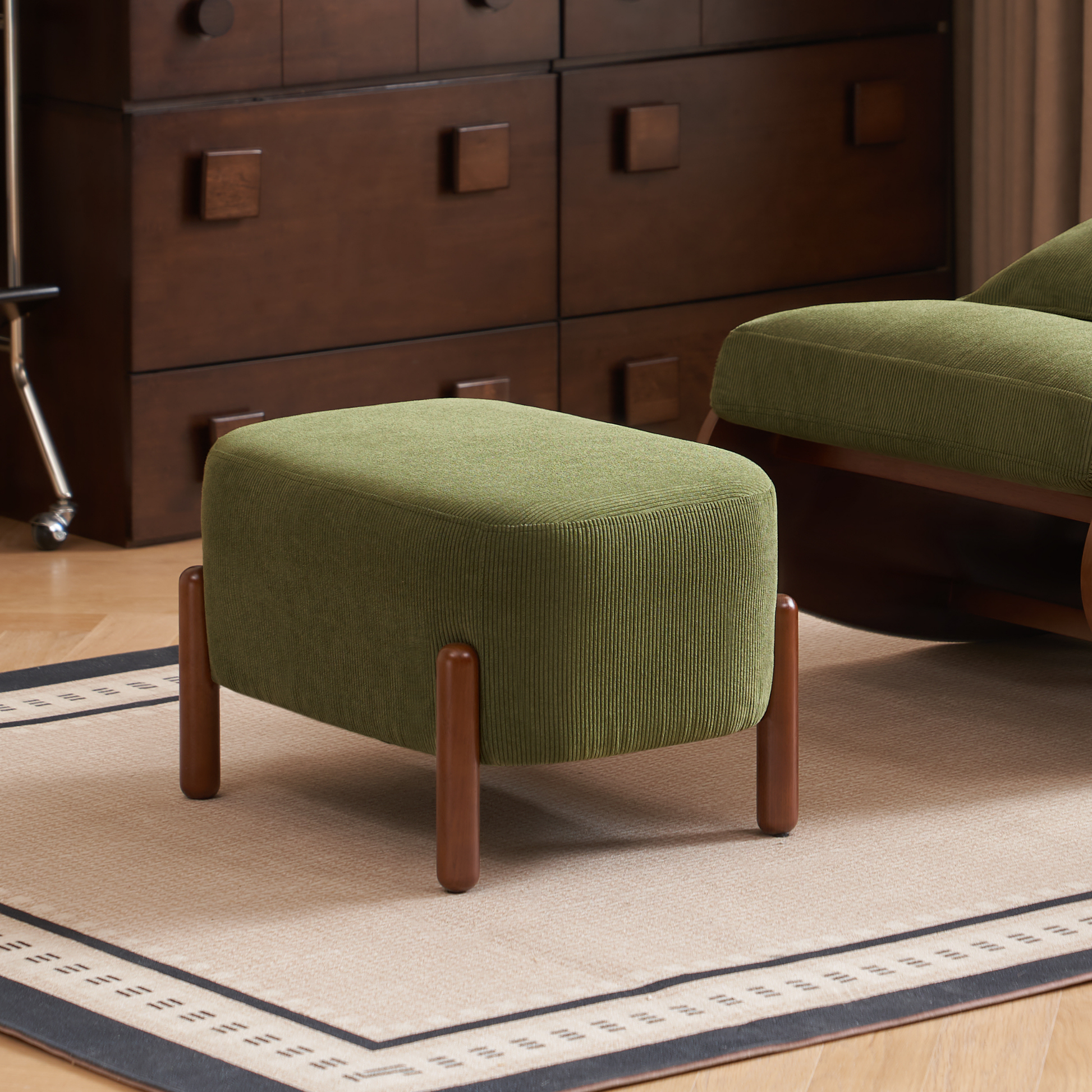 Solidwood Bluro Corduroy Ottoman, Green