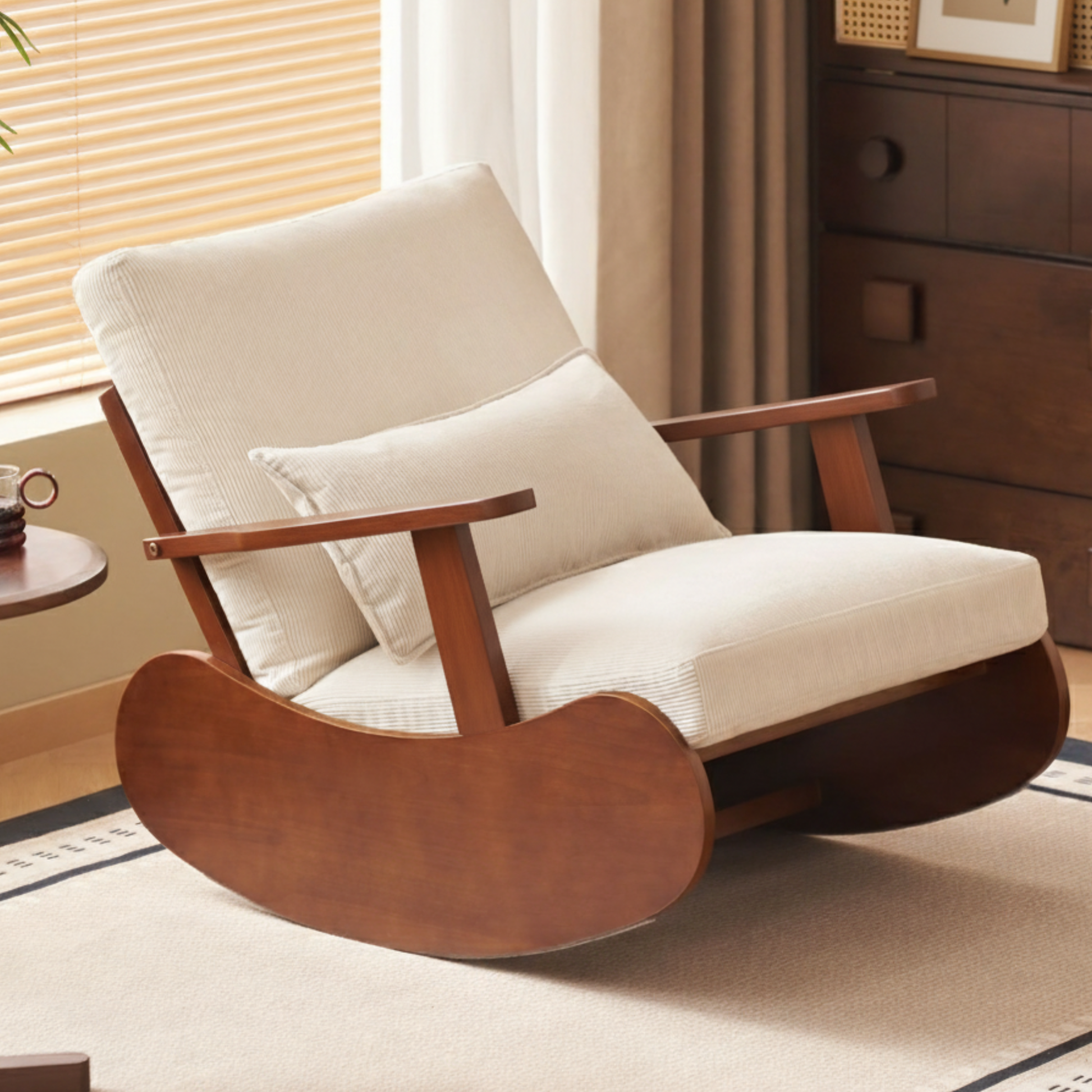 Solidwood Bluro Corduroy Rocking Chair, Neutral White