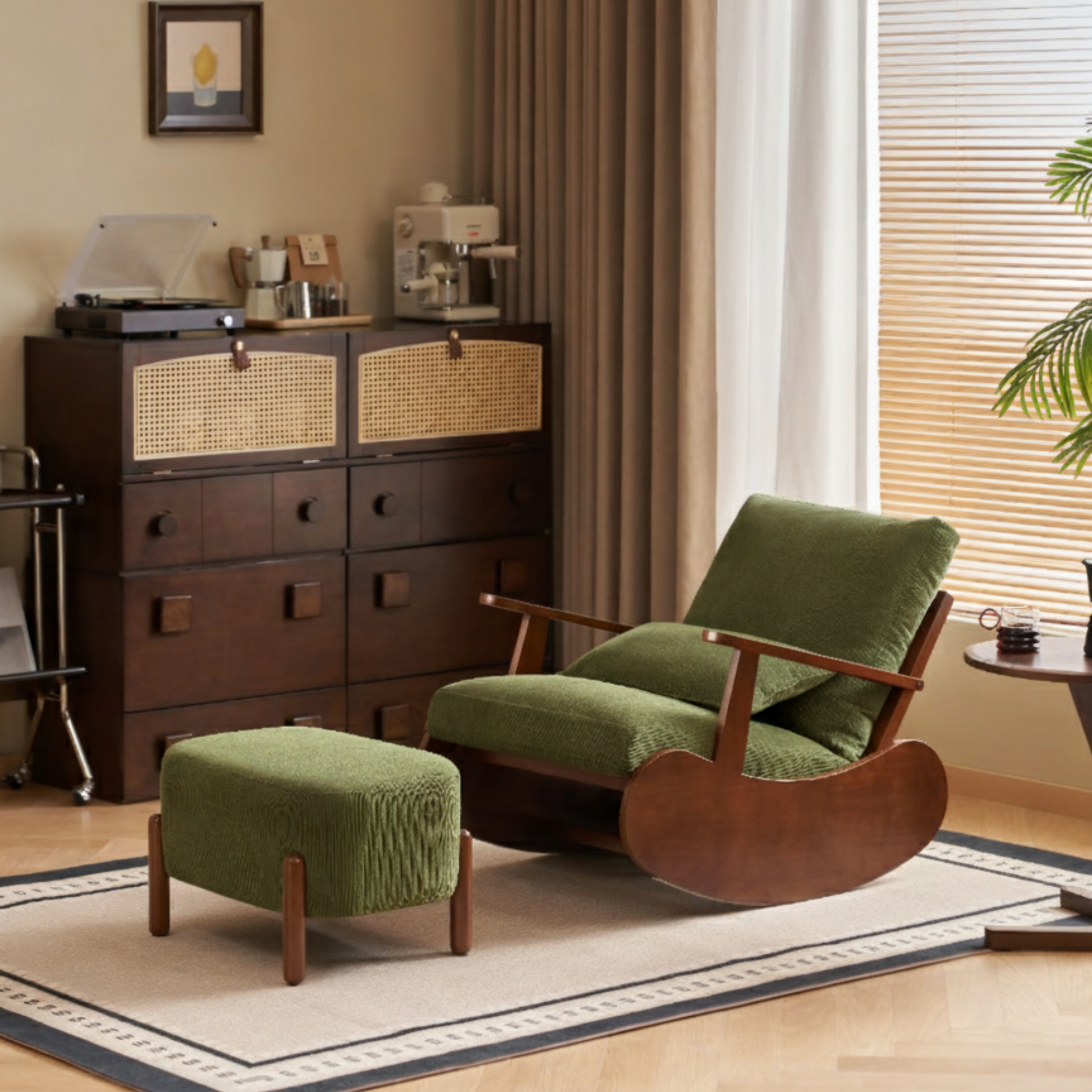 Solidwood Bluro Corduroy Rocking Chair and Ottoman Set, Green