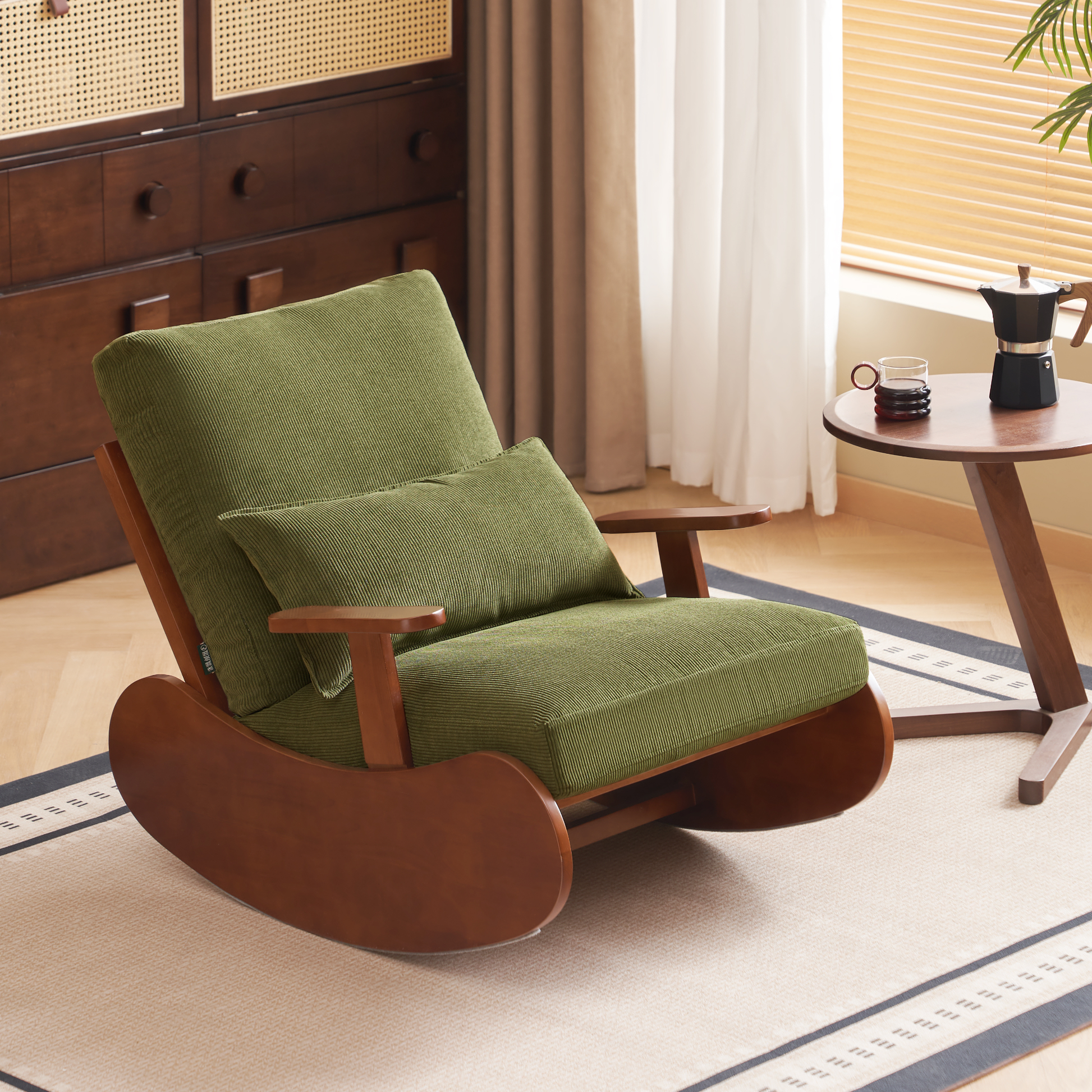 Solidwood Bluro Corduroy Rocking Chair and Ottoman Set, Green