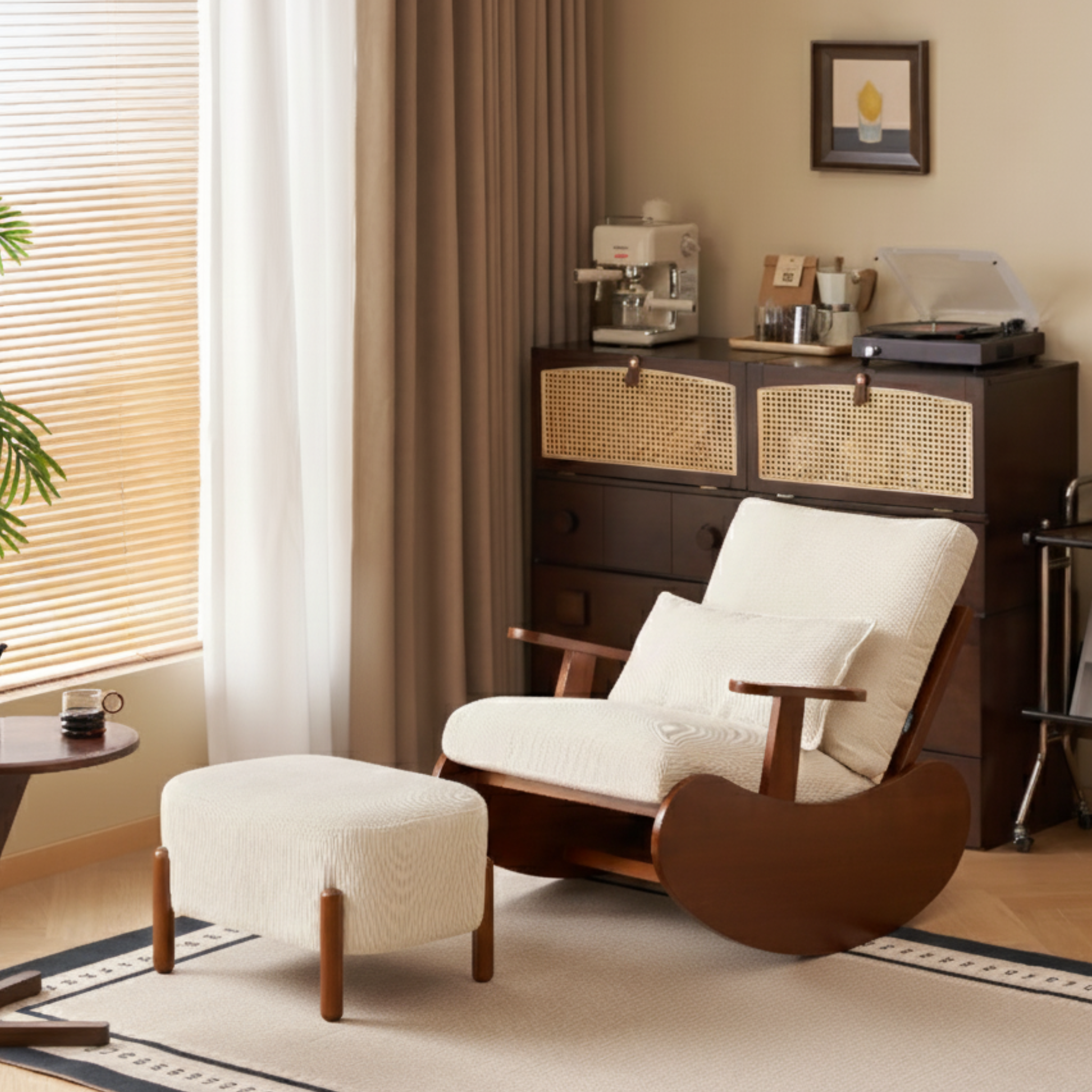 Solidwood Bluro Corduroy Rocking Chair and Ottoman Set, Neutral White