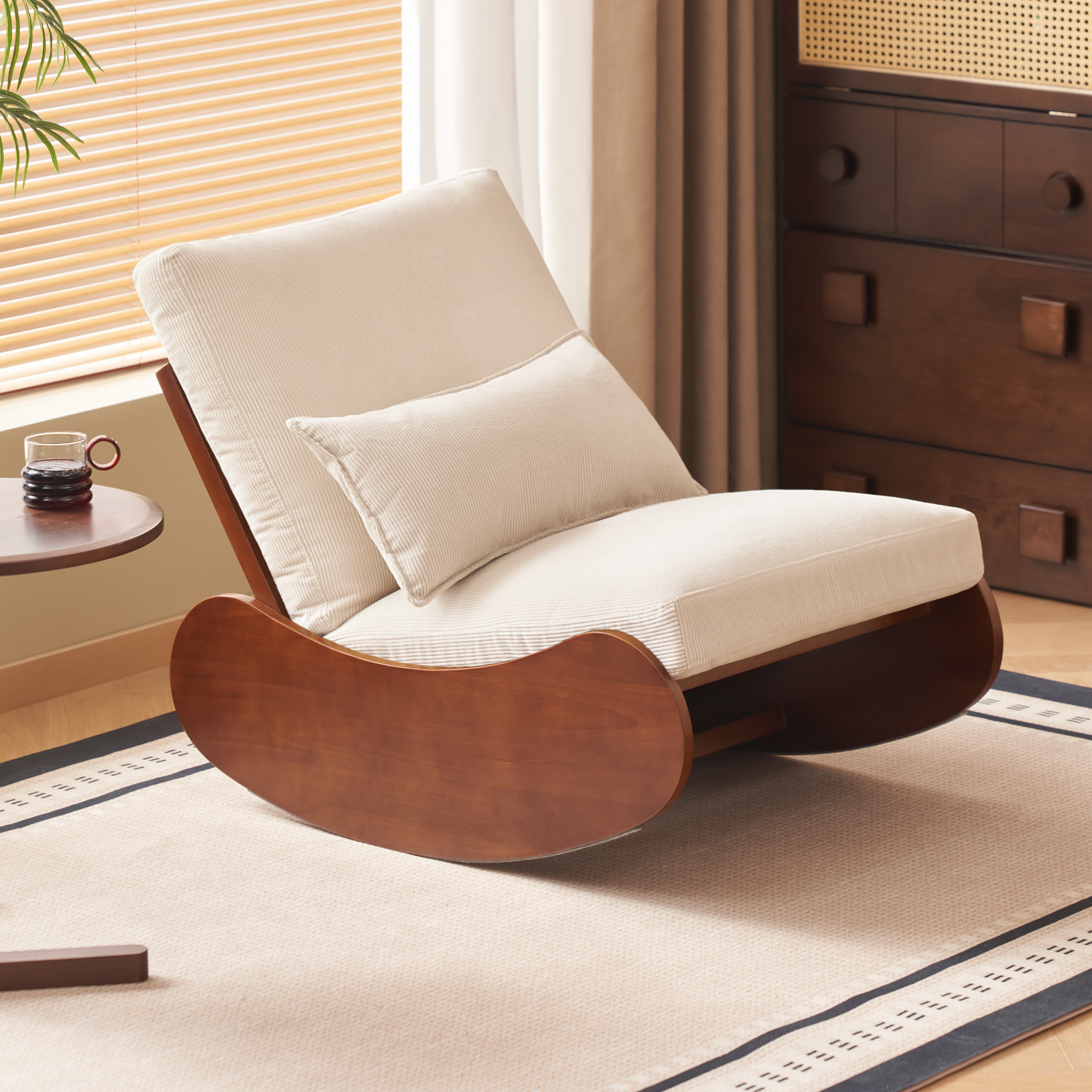 Solidwood Bluro Armless Corduroy Rocking Chair and Ottoman Set, Neutral White