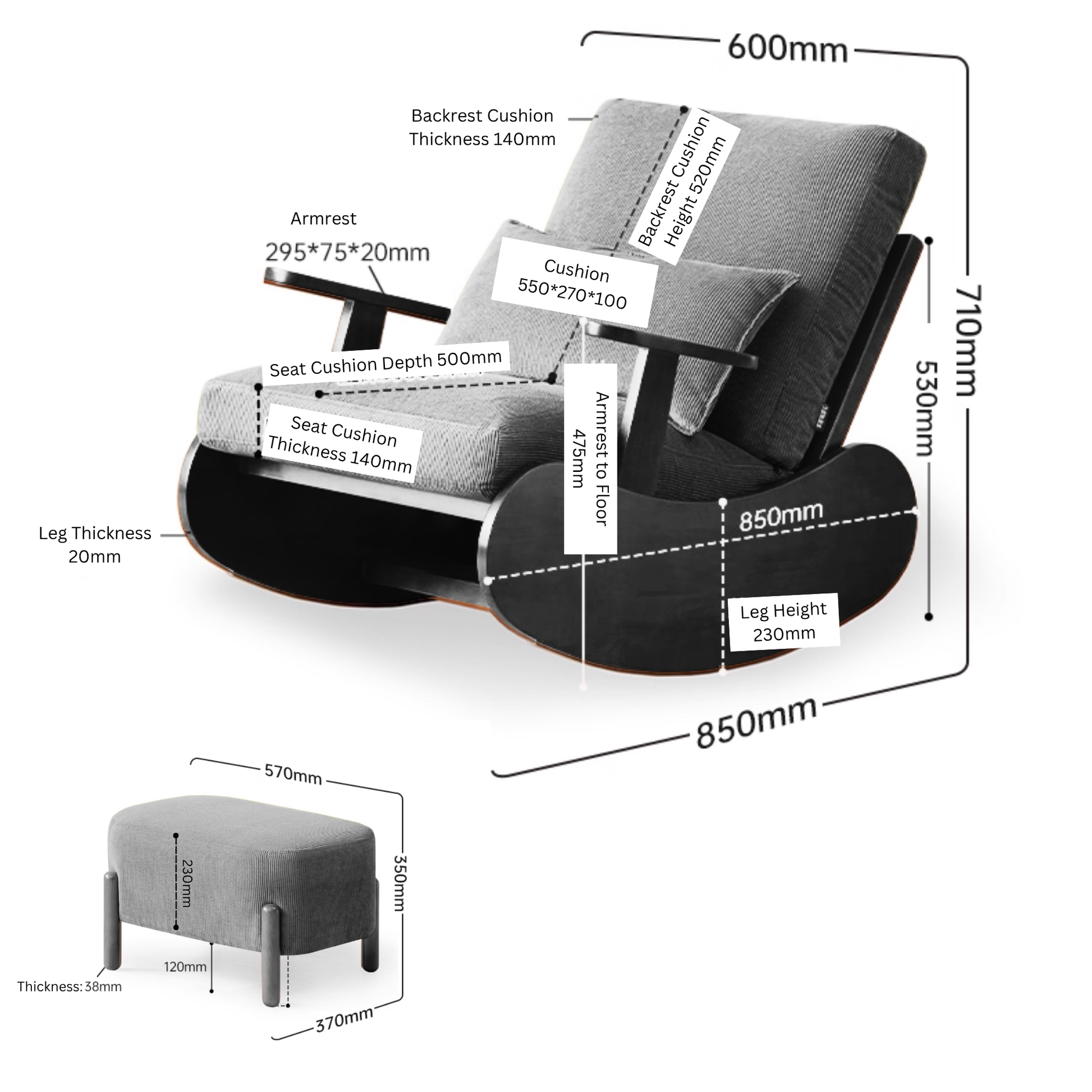 Solidwood Bluro Armless Corduroy Rocking Chair and Ottoman Set, Neutral White