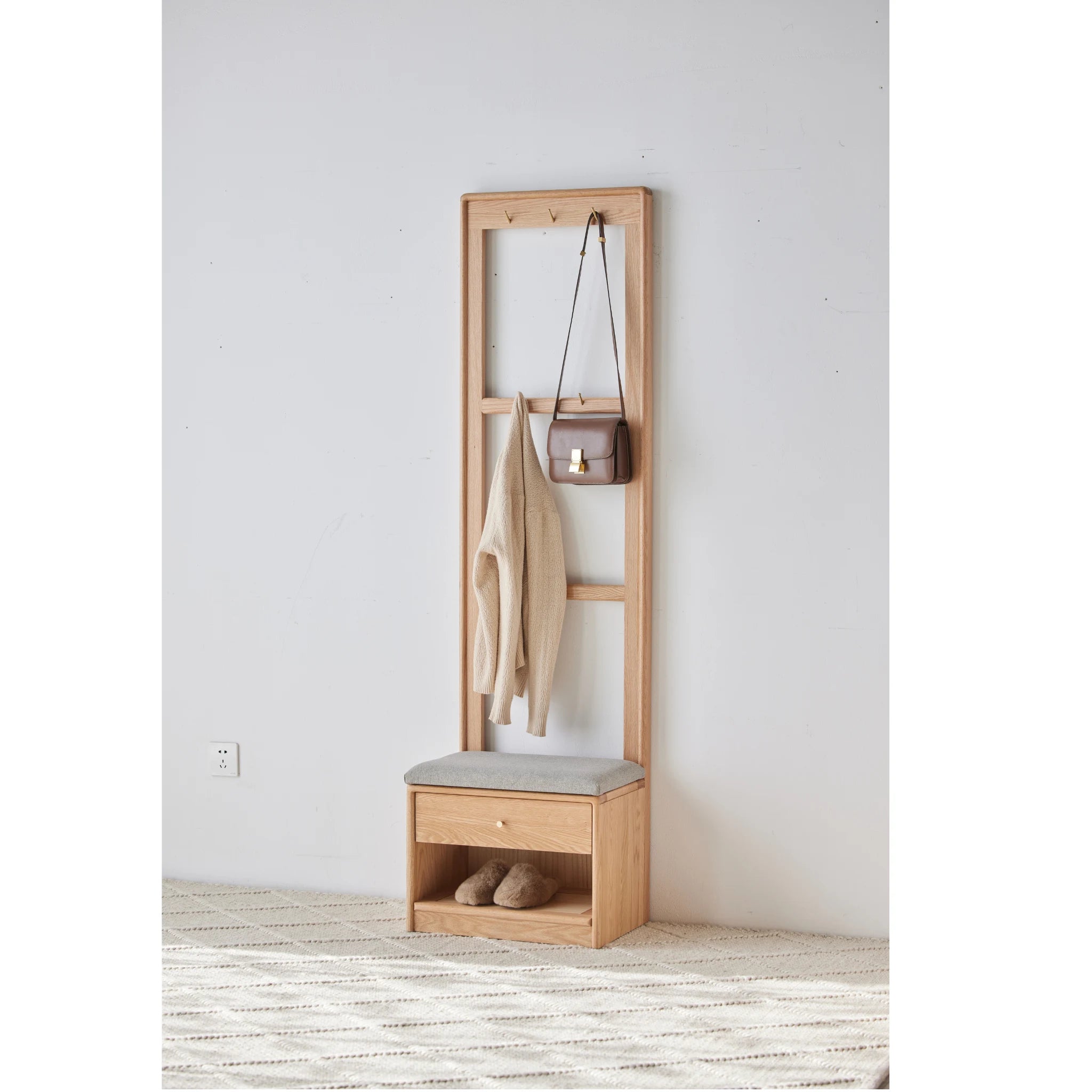 Solidwood Fuji Shoe Bench with Cloth Rack, Oak