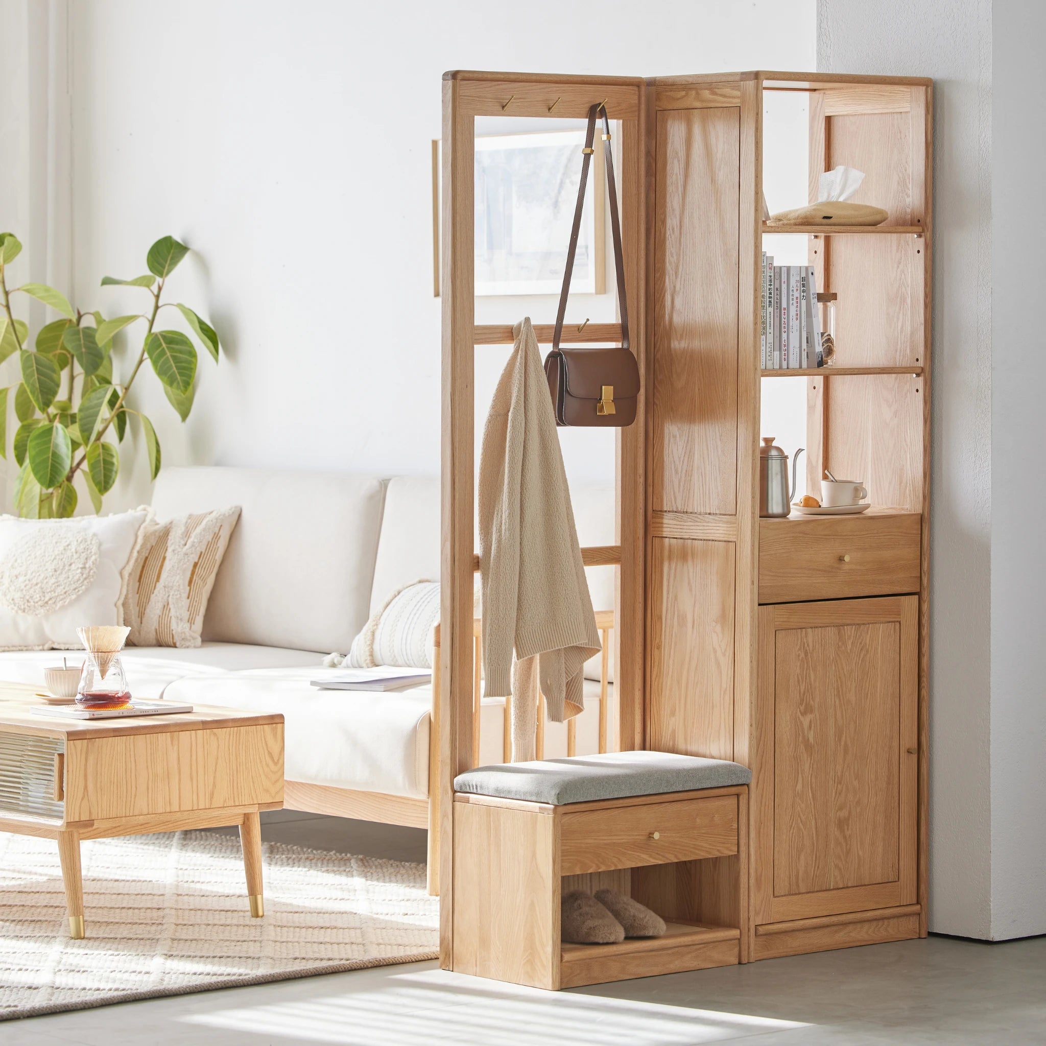 Solidwood Fuji Shoe Bench with Cloth Rack, Oak