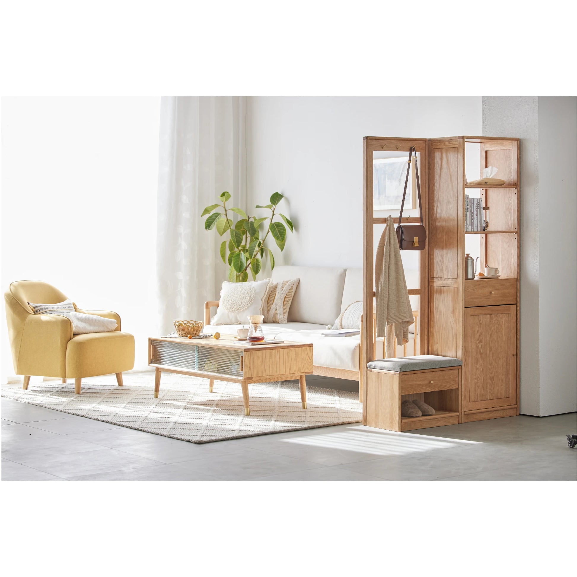 Solidwood Fuji Shoe Bench with Cloth Rack, Oak