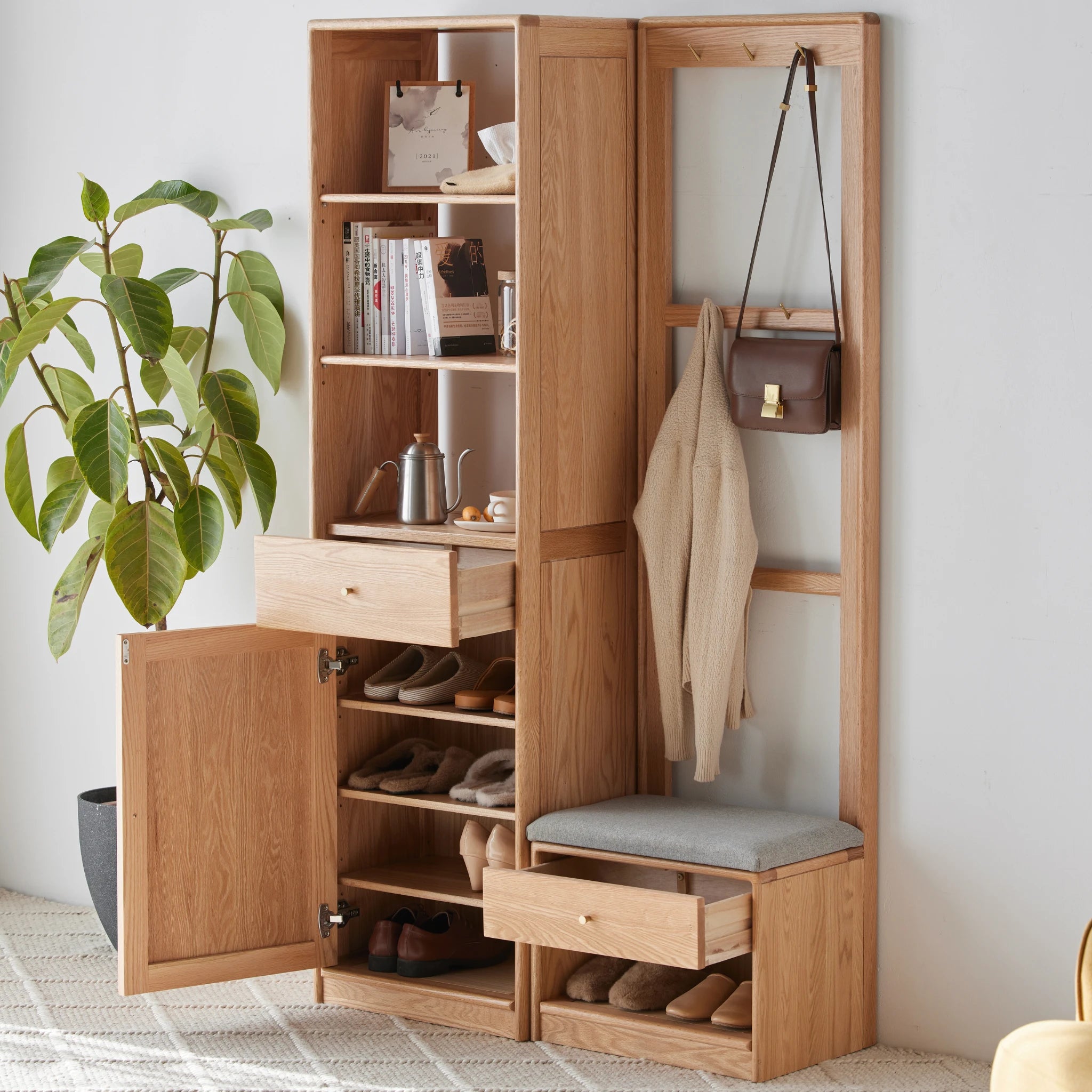 Solidwood Fuji Shoe Cabinet and Bench Set, Oak