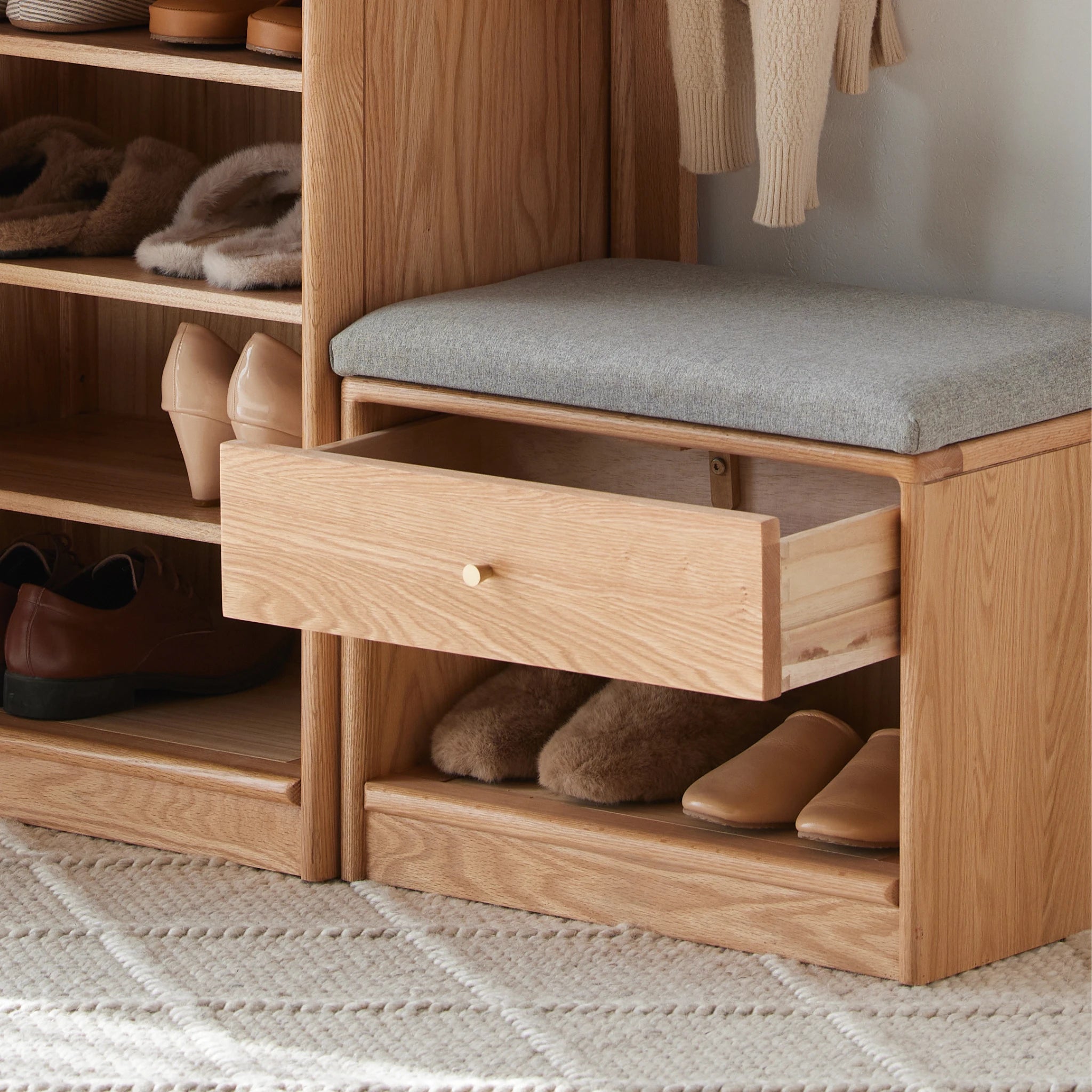 Solidwood Fuji Shoe Cabinet and Bench Set, Oak