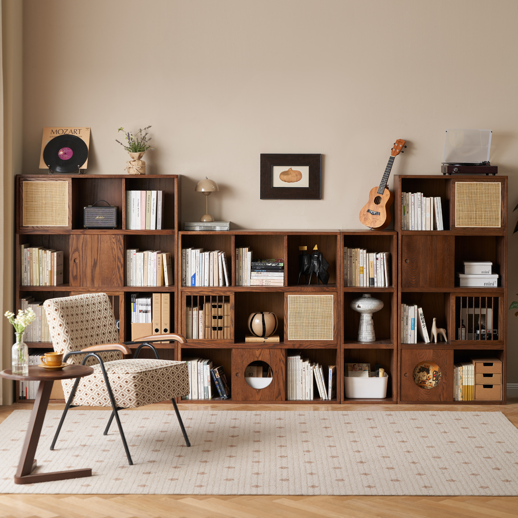 Solidwood Gleam 9-Cube Bookcase with 3 Doors, Walnut Oak