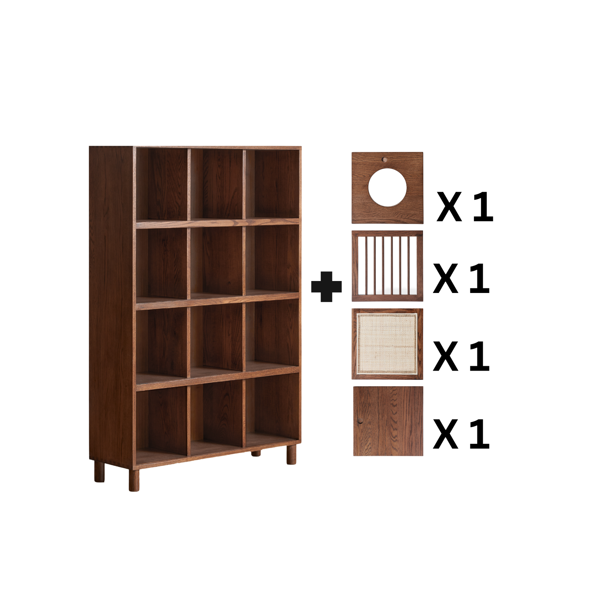 Solidwood Gleam 16-Cube Bookcase with 4 Doors, Walnut Oak