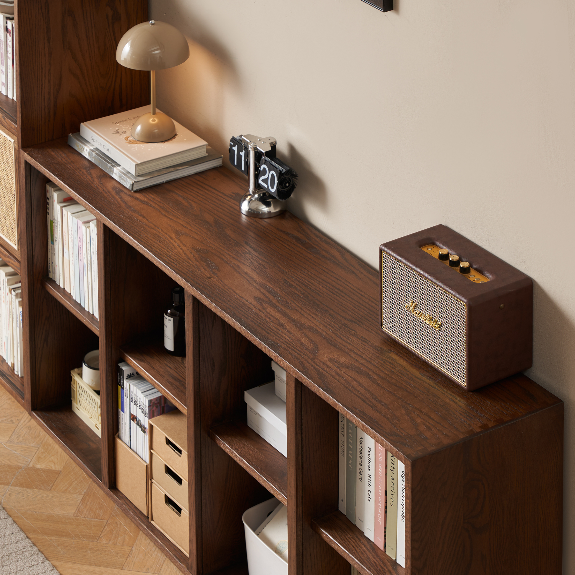 Solidwood Gleam 16-Cube Bookcase with 4 Doors, Walnut Oak