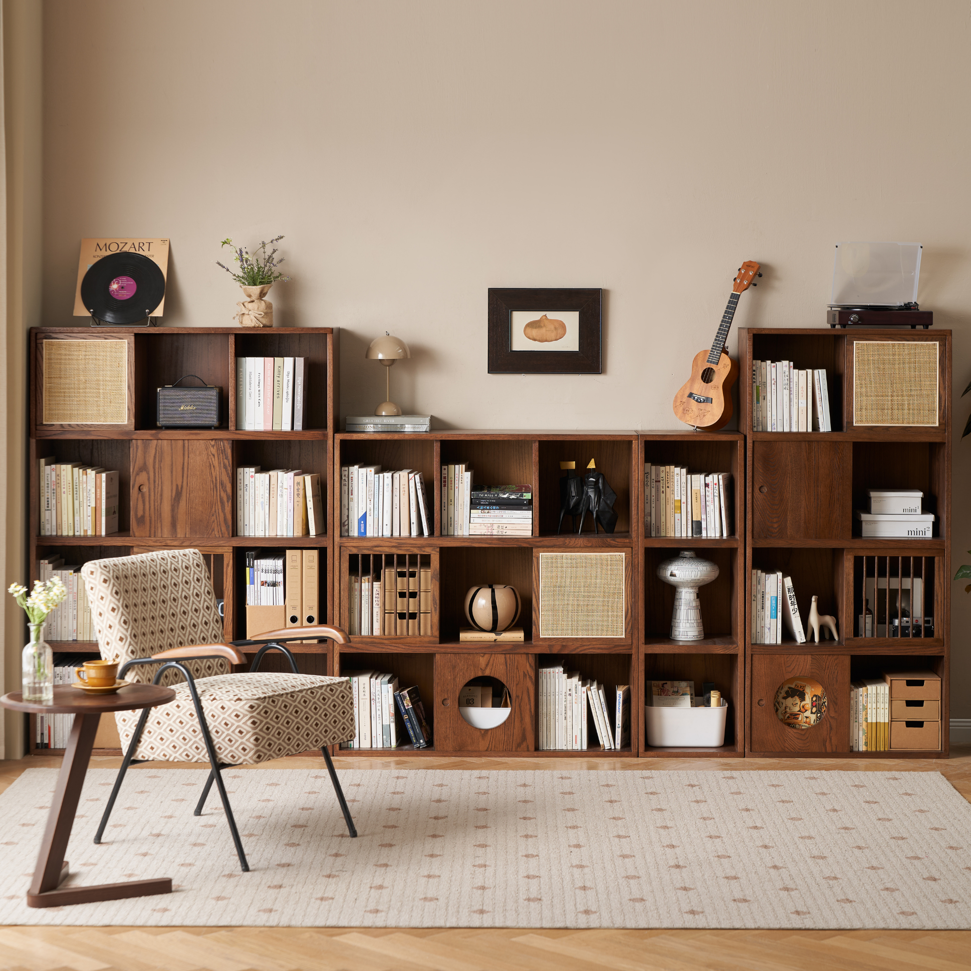 Solidwood Gleam 16-Cube Bookcase with 4 Doors, Walnut Oak