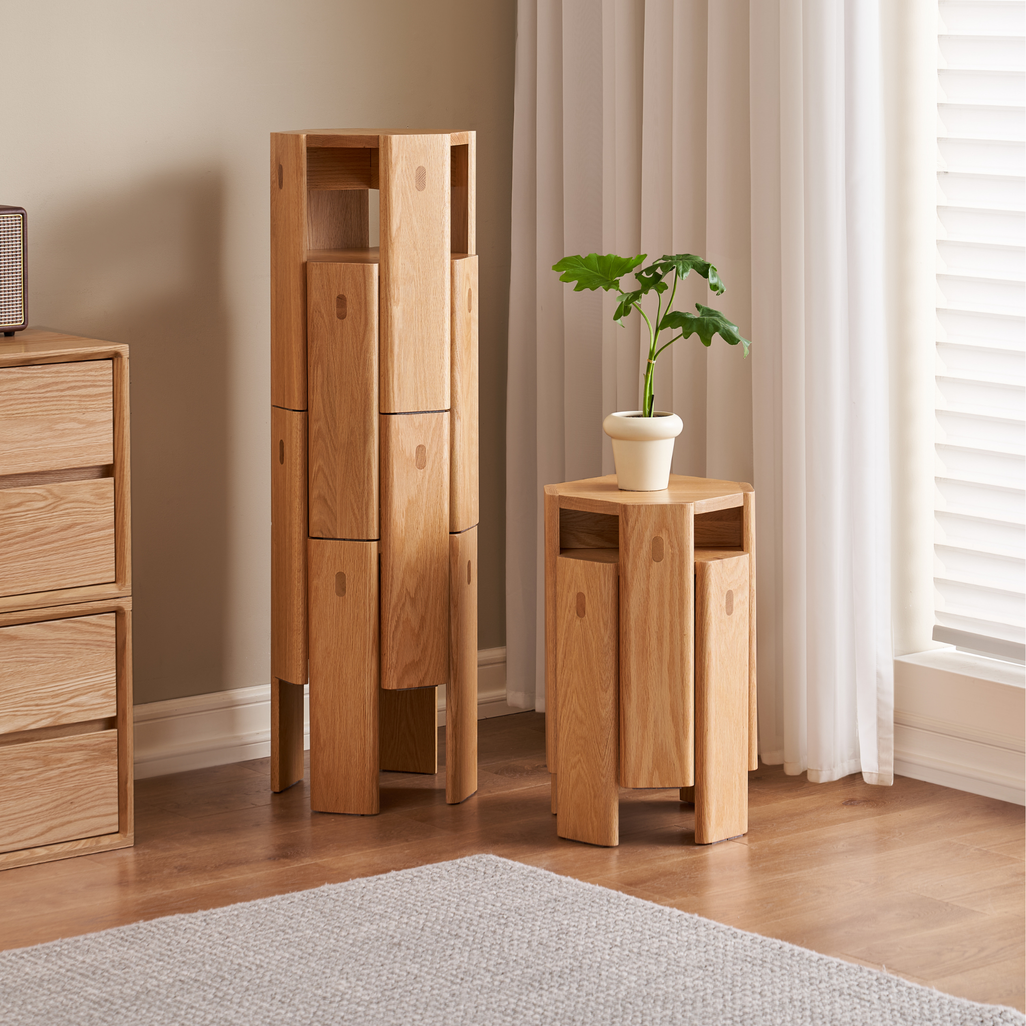 Solidwood Hemura 2-in-1 Stools, Walnut Oak