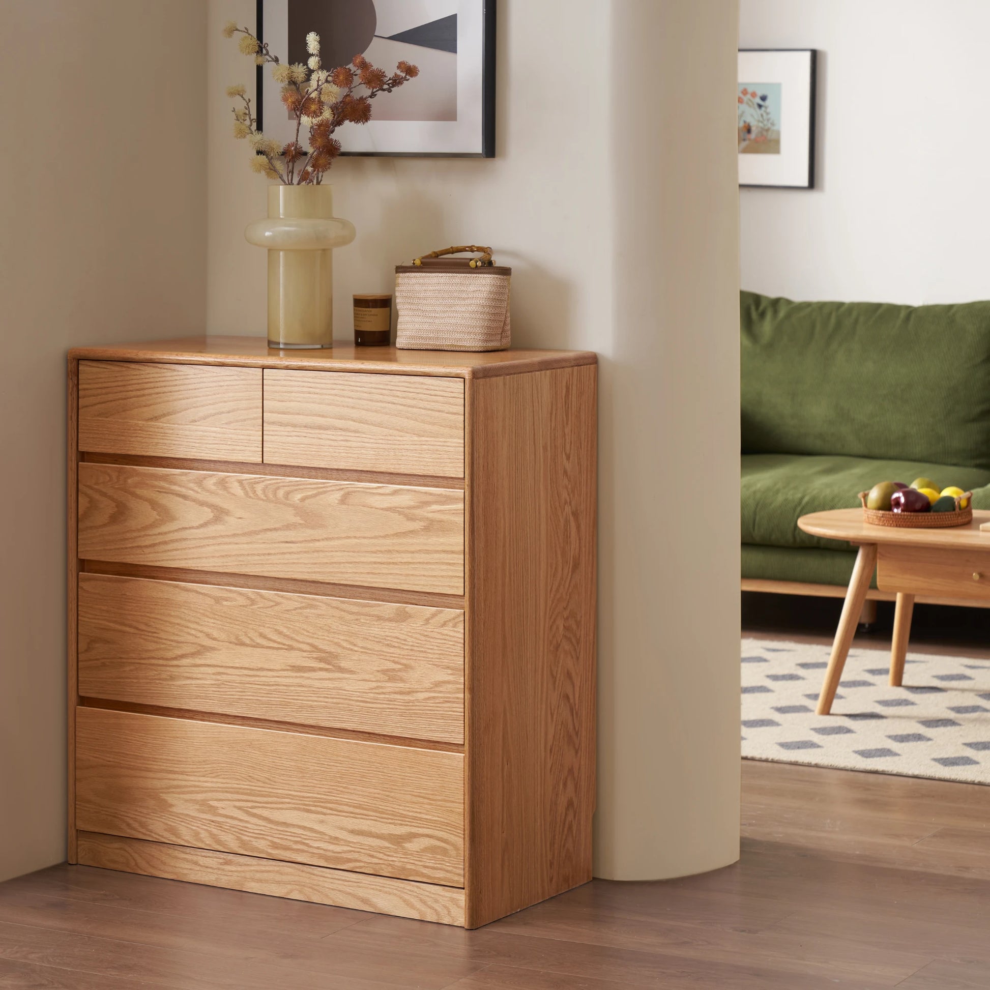 Solidwood Hemura Chest of 5 Drawers, Oak