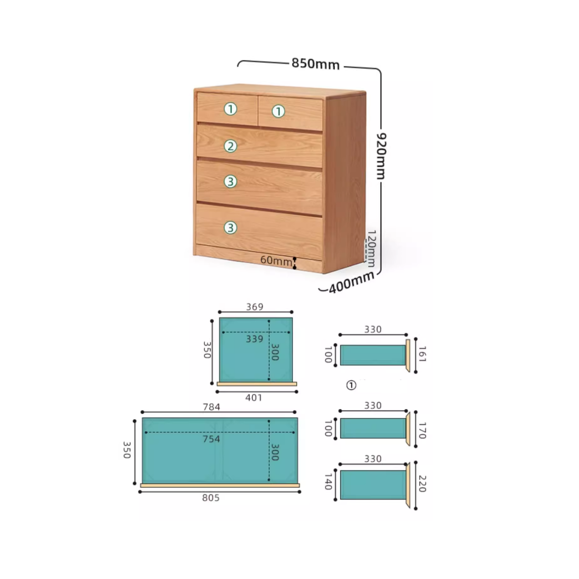 Solidwood Hemura Chest of 5 Drawers, Oak