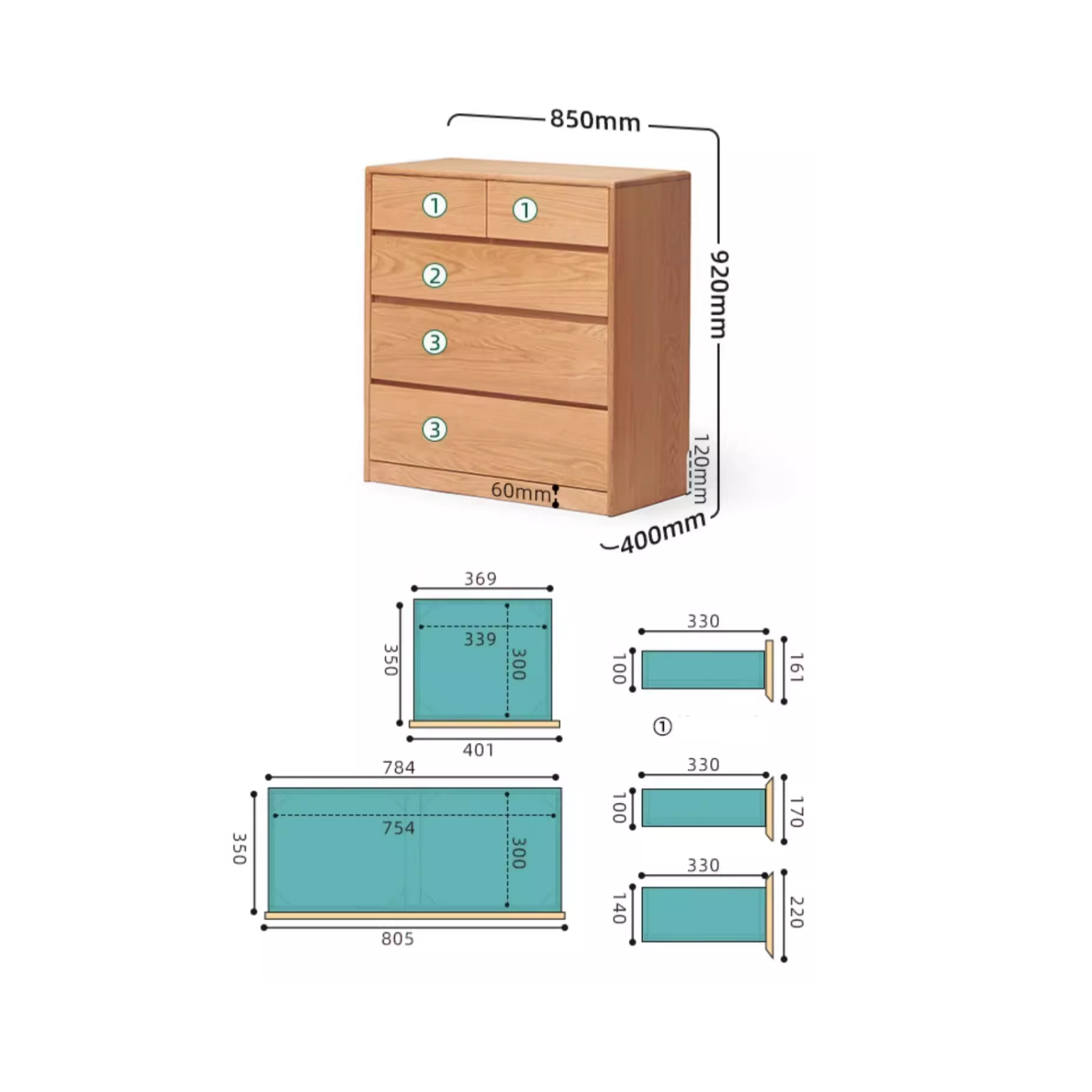 Solidwood Hemura Chest of 5 Drawers, Oak