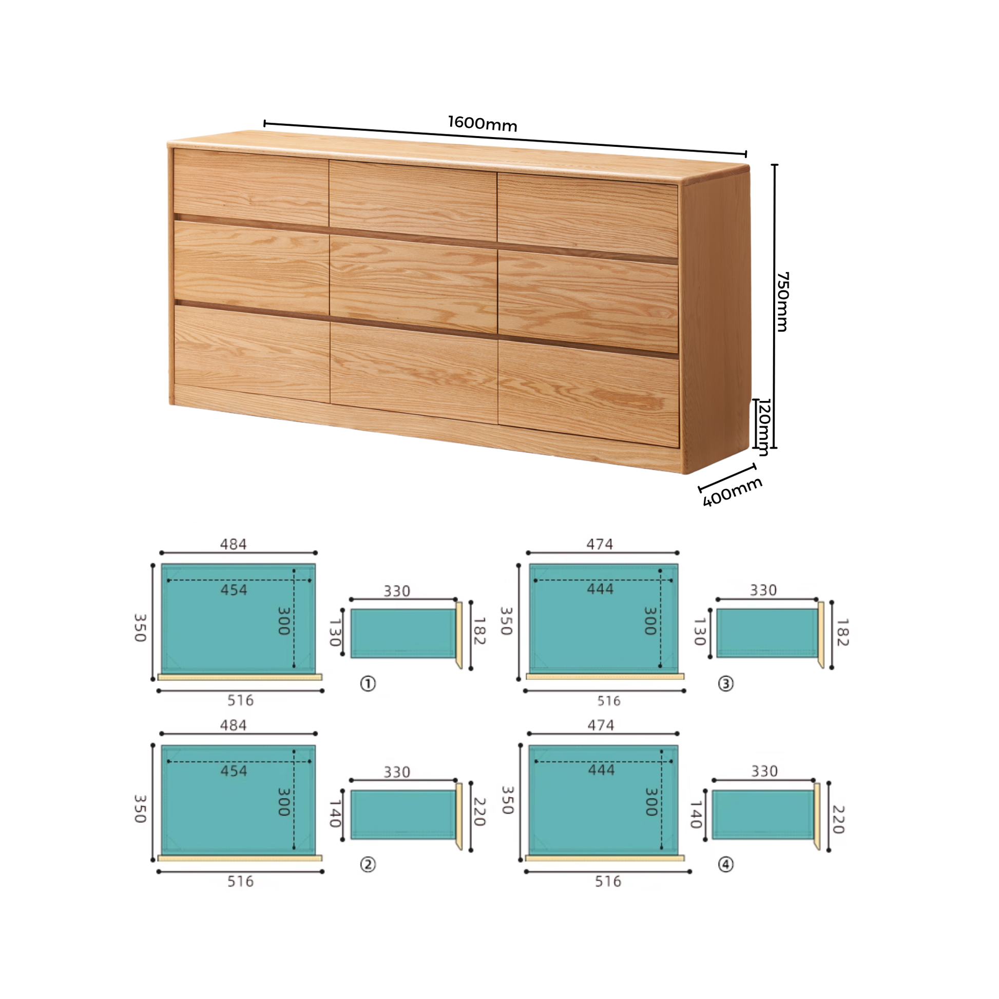 Solidwood Hemura Chest of 9 Drawers, Oak