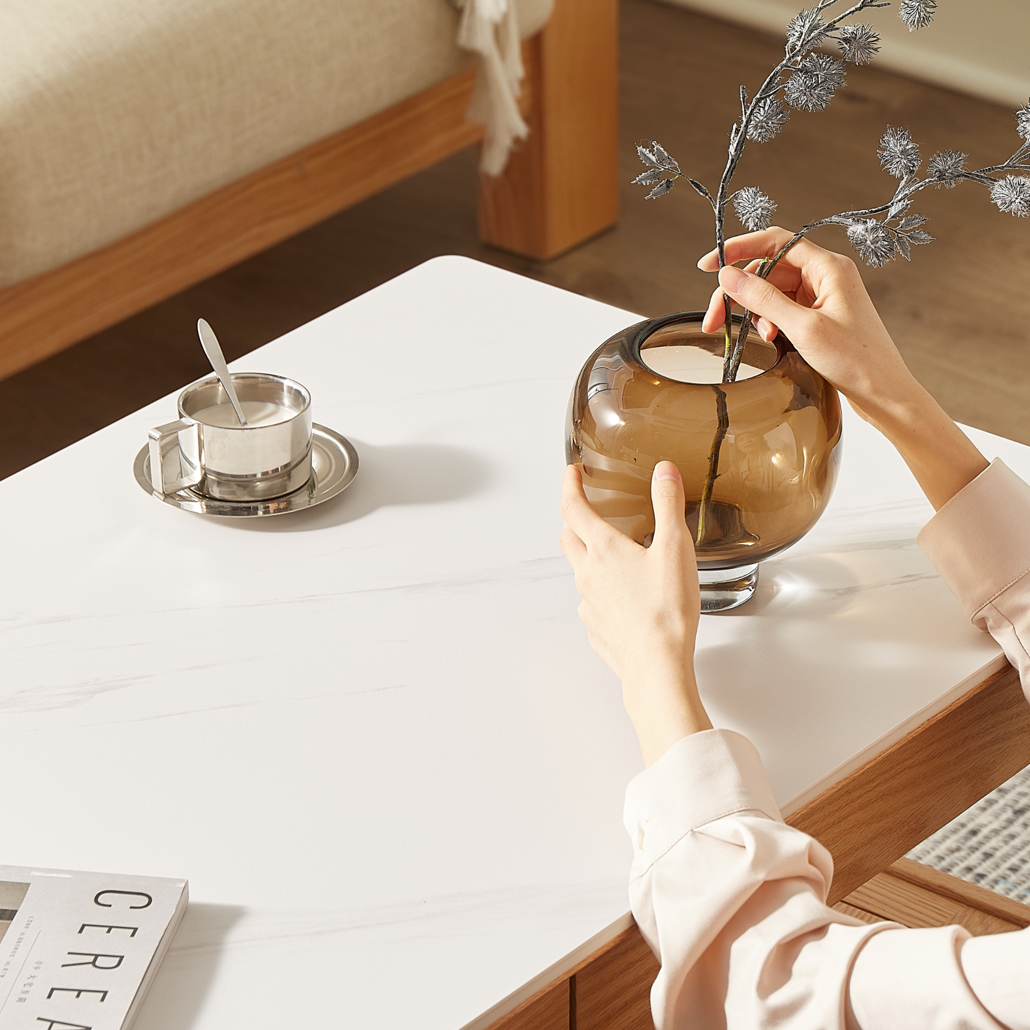 Solidwood Hemura Coffee Table with Sintered Stone Top, 100cm