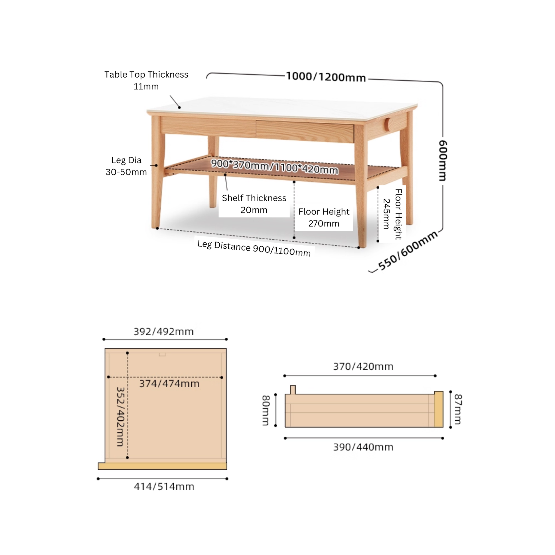 Solidwood Hemura Coffee Table with Sintered Stone Top, 120cm
