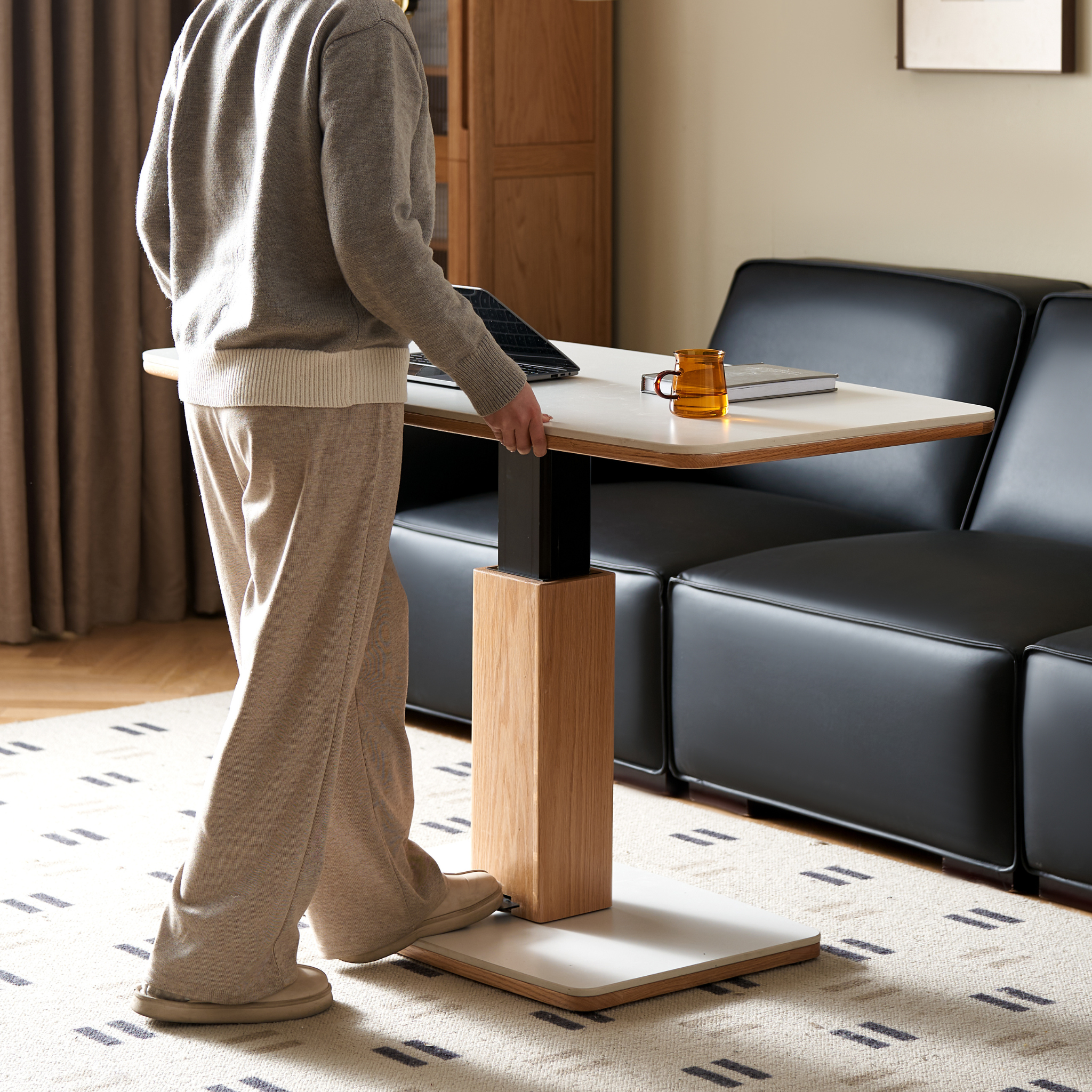 Solidwood Hemura Height-Adjustable Coffee Table with Sintered Stone Top