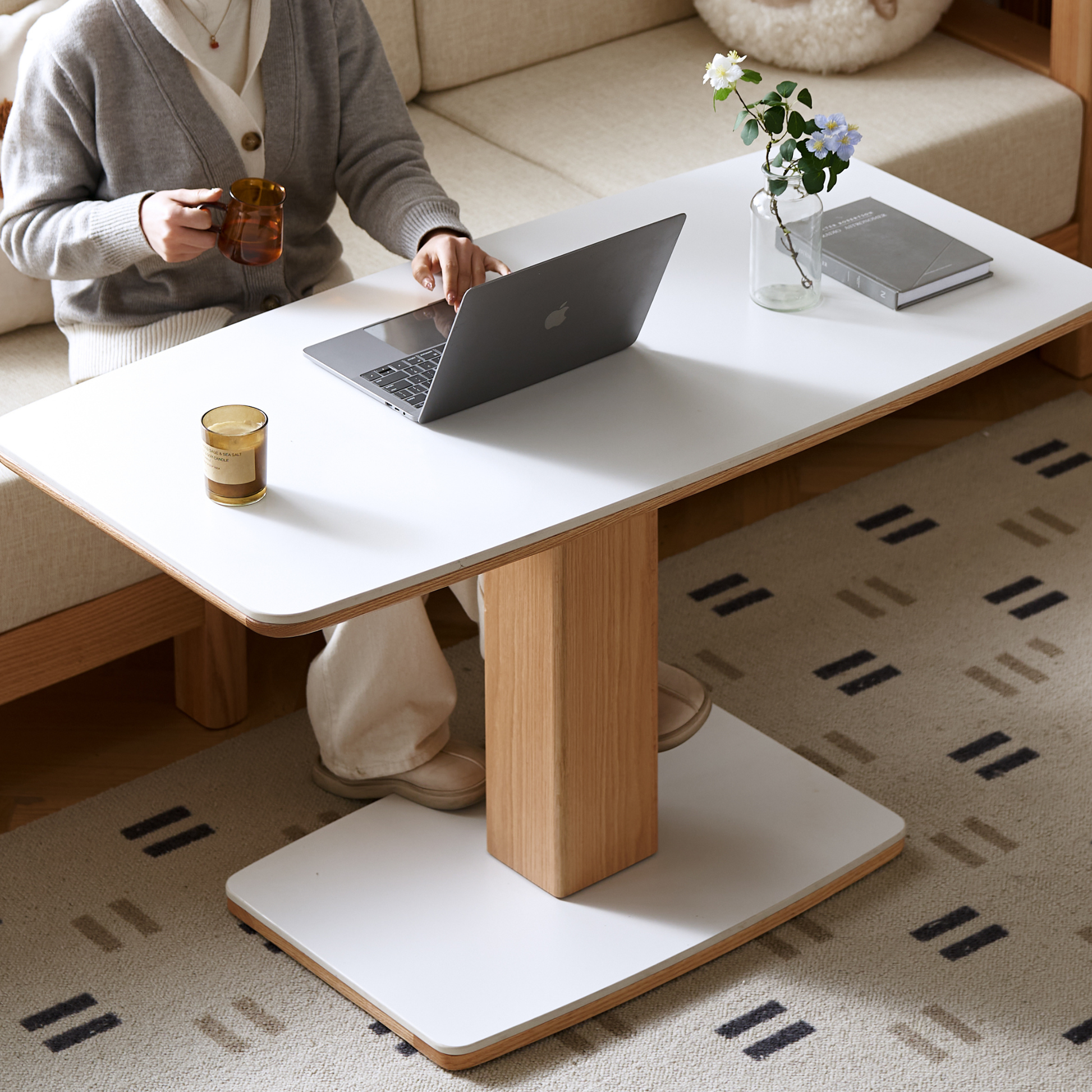 Solidwood Hemura Height-Adjustable Coffee Table with Sintered Stone Top