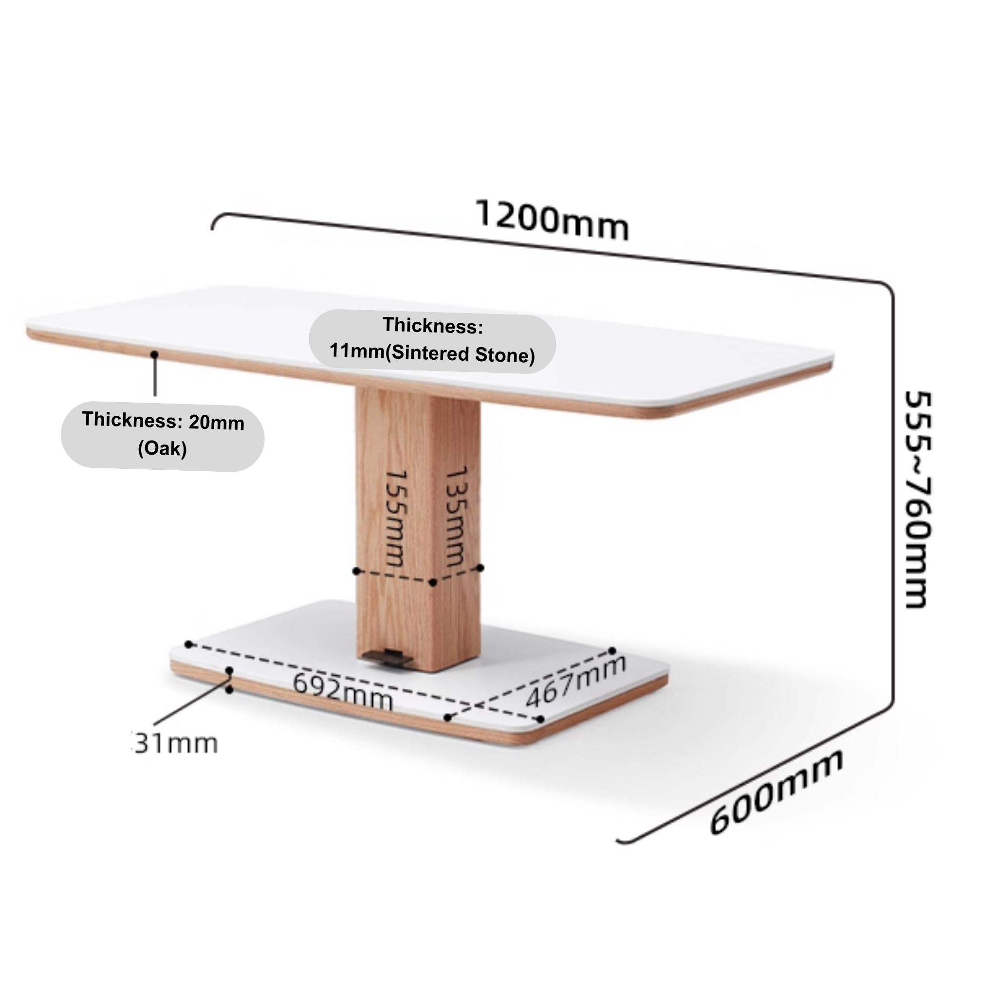 Solidwood Hemura Height-Adjustable Coffee Table with Sintered Stone Top
