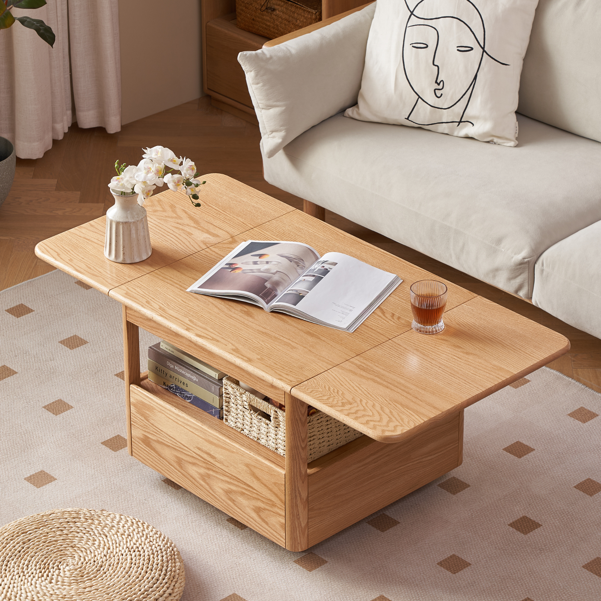 Solidwood Hemura Extendable Coffee Table on Castors, Oak