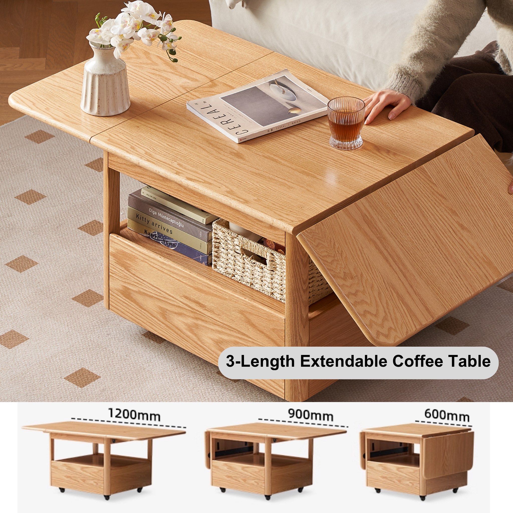Solidwood Hemura Extendable Coffee Table on Castors, Oak