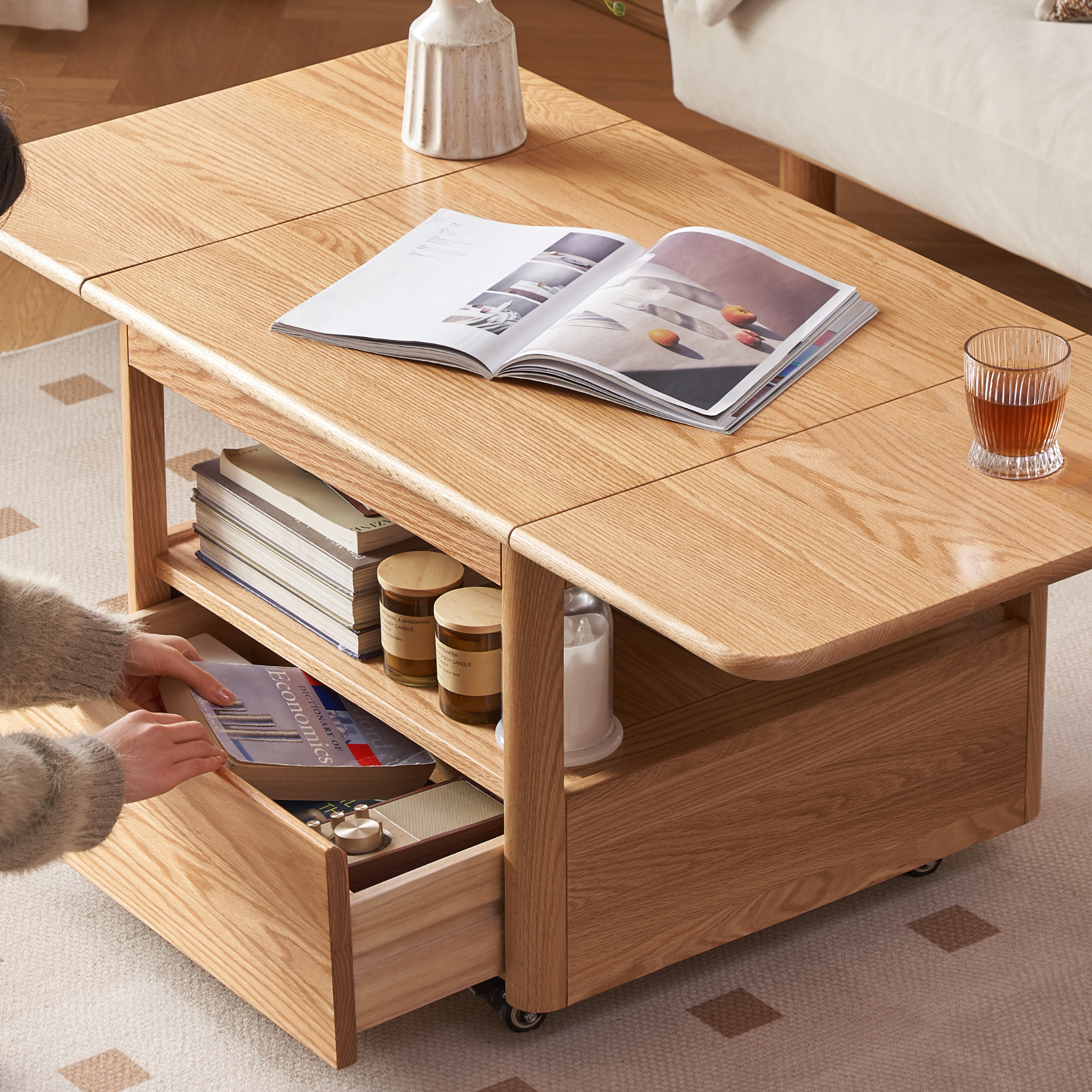 Solidwood Hemura Extendable Coffee Table on Castors, Oak