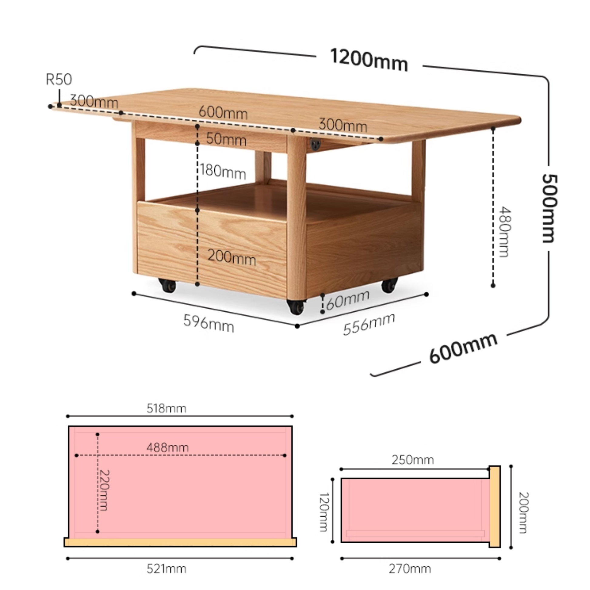 Solidwood Hemura Extendable Coffee Table on Castors, Oak