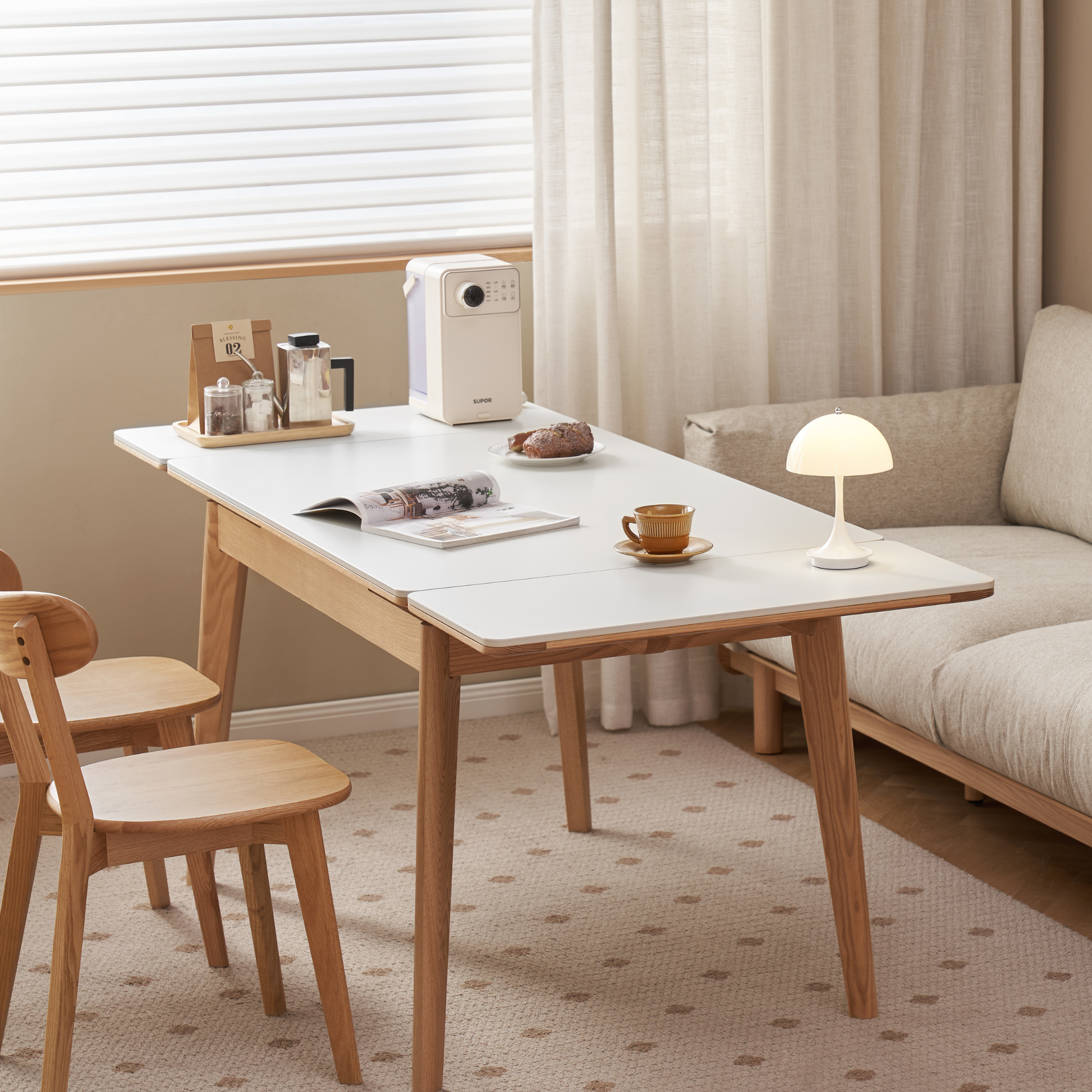 Solidwood Hemura Extendable Dining Table wIth Sintered Stone Top, Oak & White