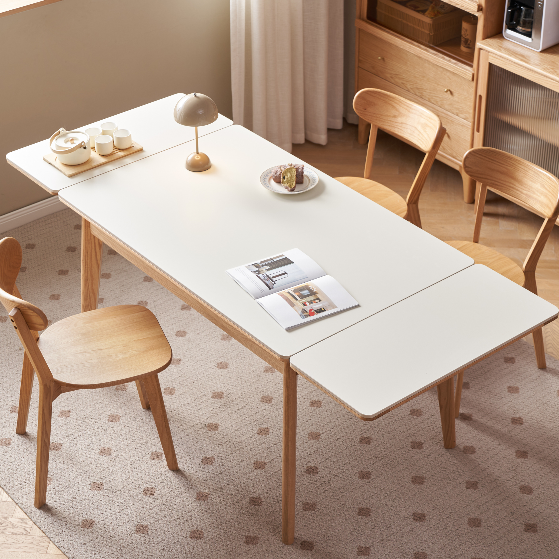 Solidwood Hemura Extendable Dining Table wIth Sintered Stone Top, Oak & White