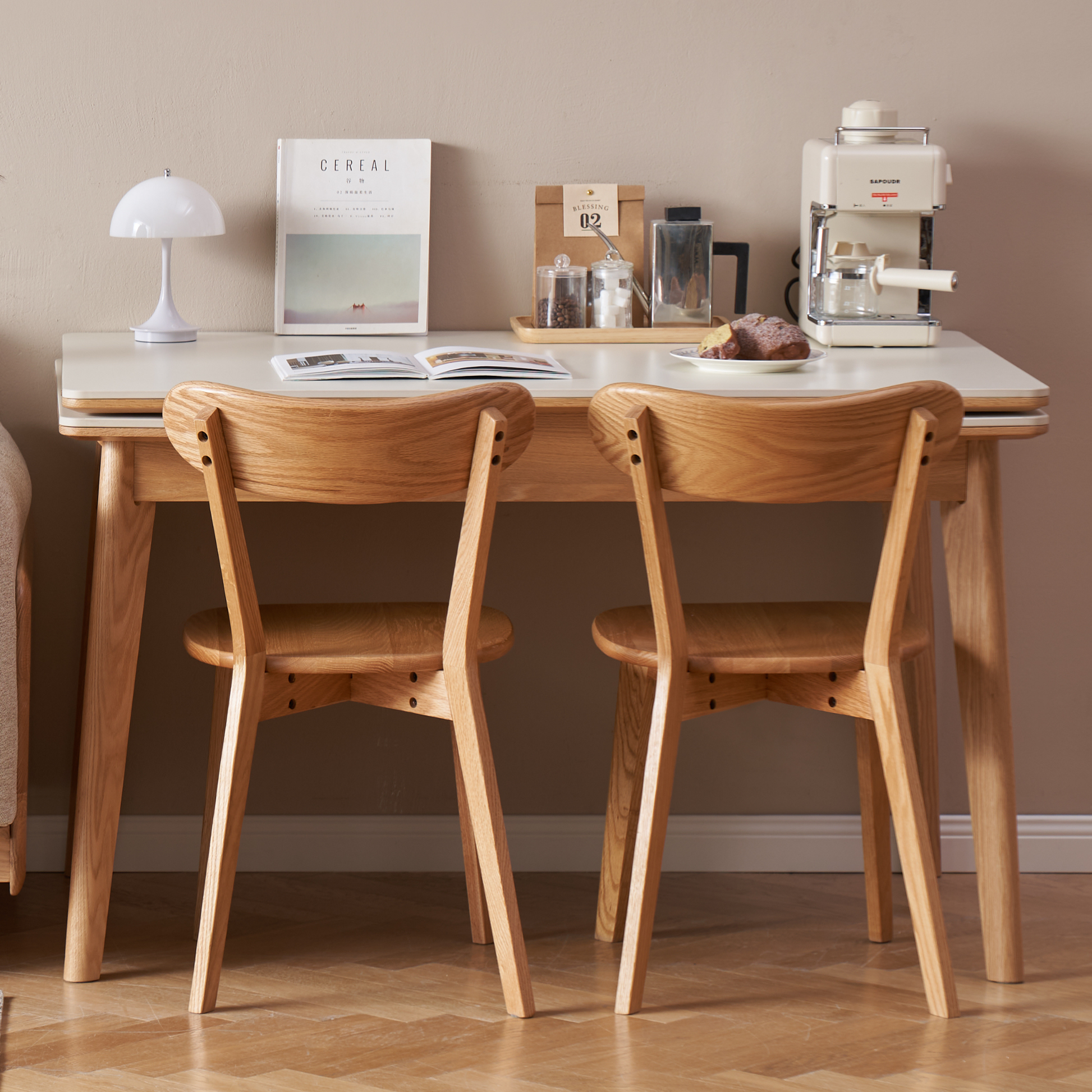Solidwood Hemura Extendable Dining Table wIth Sintered Stone Top, Oak & White