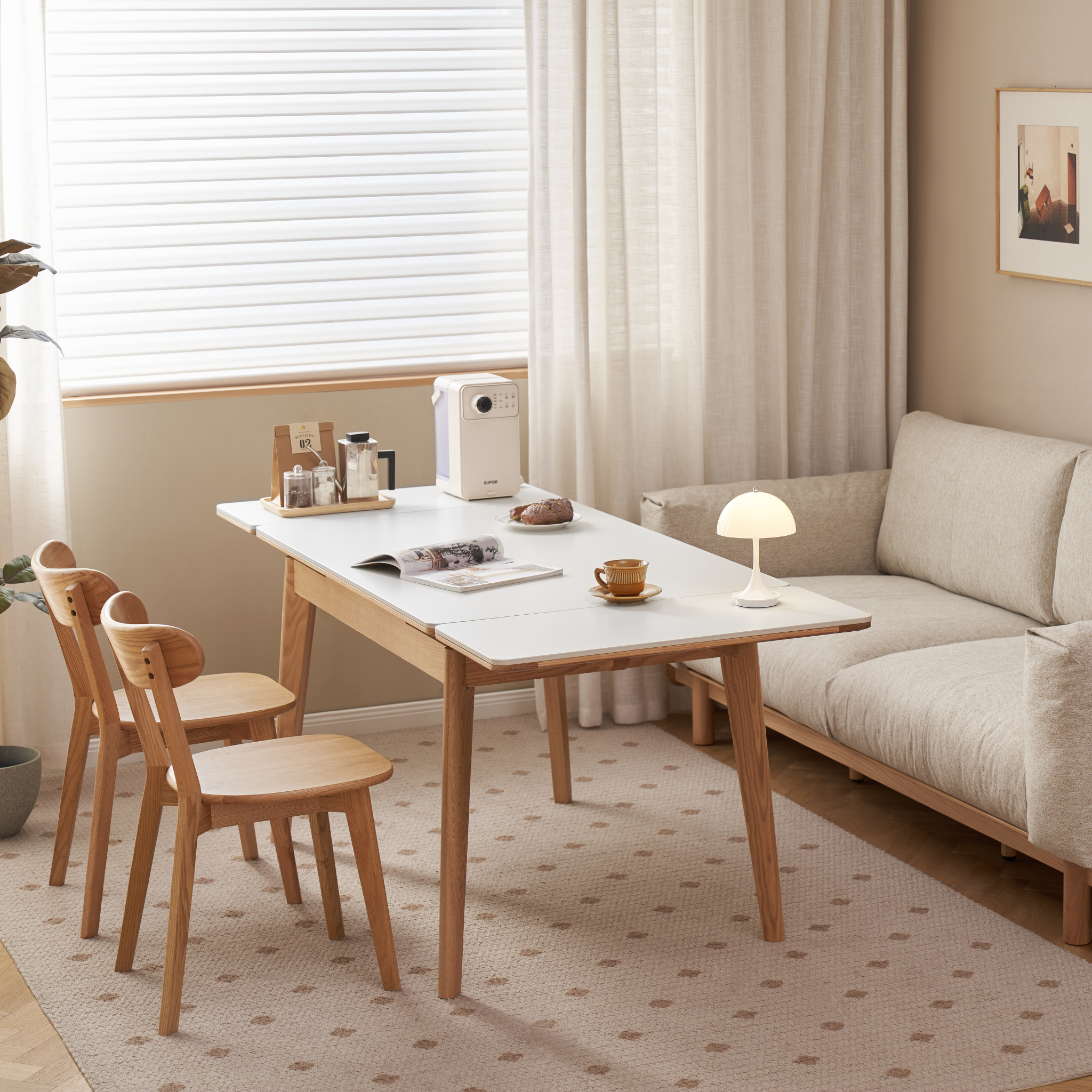 Solidwood Hemura Extendable Dining Table wIth Sintered Stone Top, Oak & White