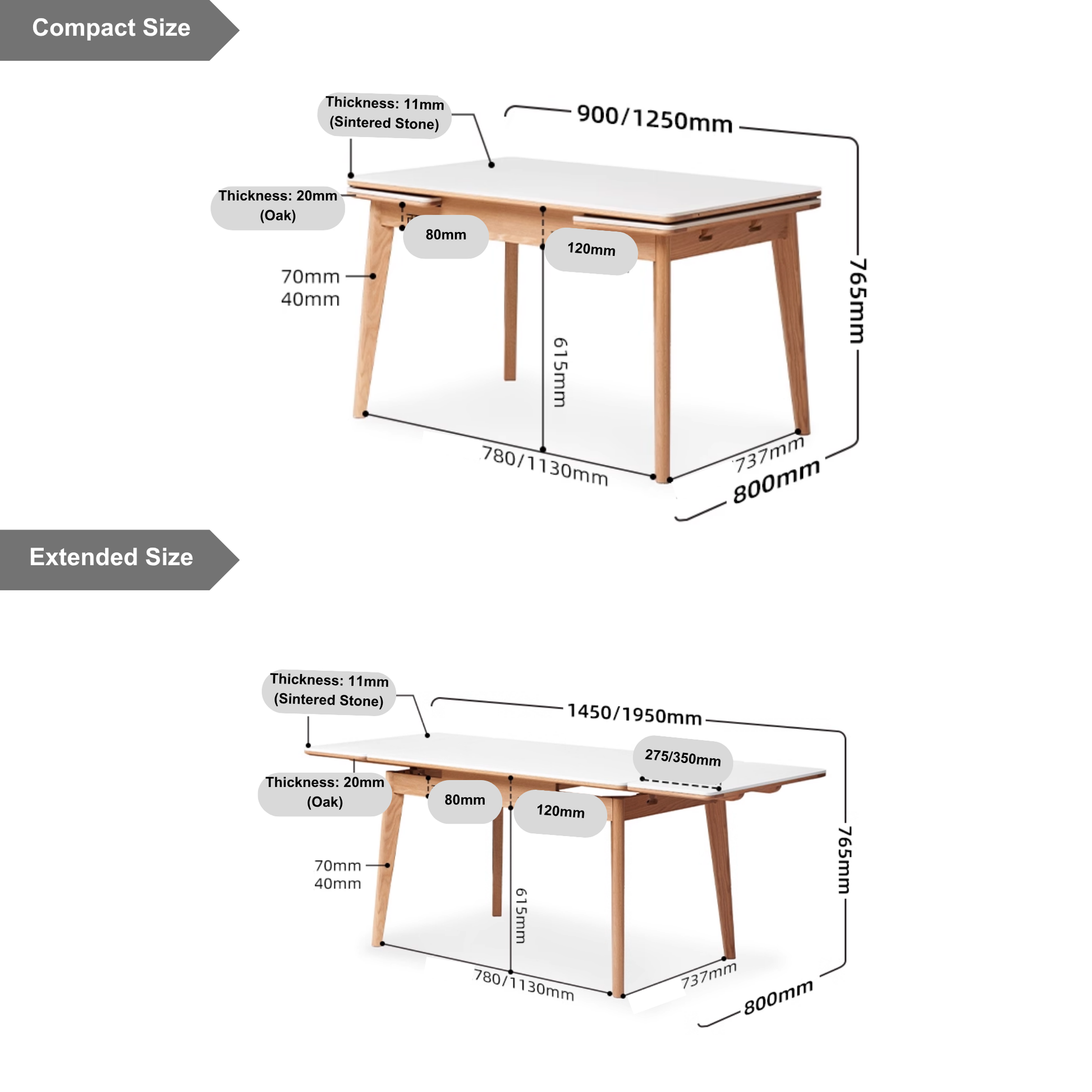 Solidwood Hemura Extendable Dining Table wIth Sintered Stone Top, Oak & White